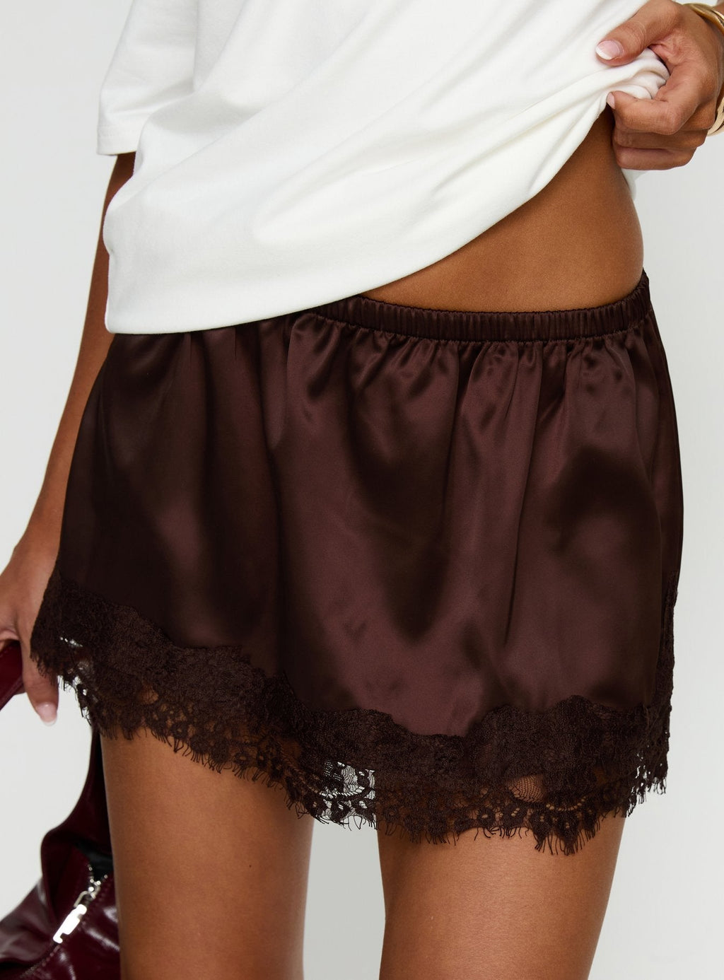 Orlynn Satin Lace Trim Mini Skirt Brown
