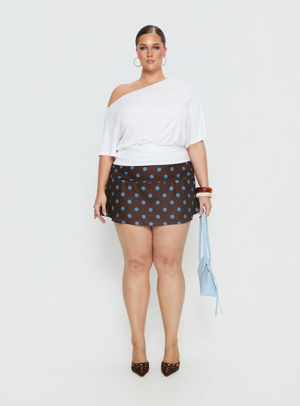 Elicia Ruched Mini Skirt Brown / Blue Polka Dot Curve