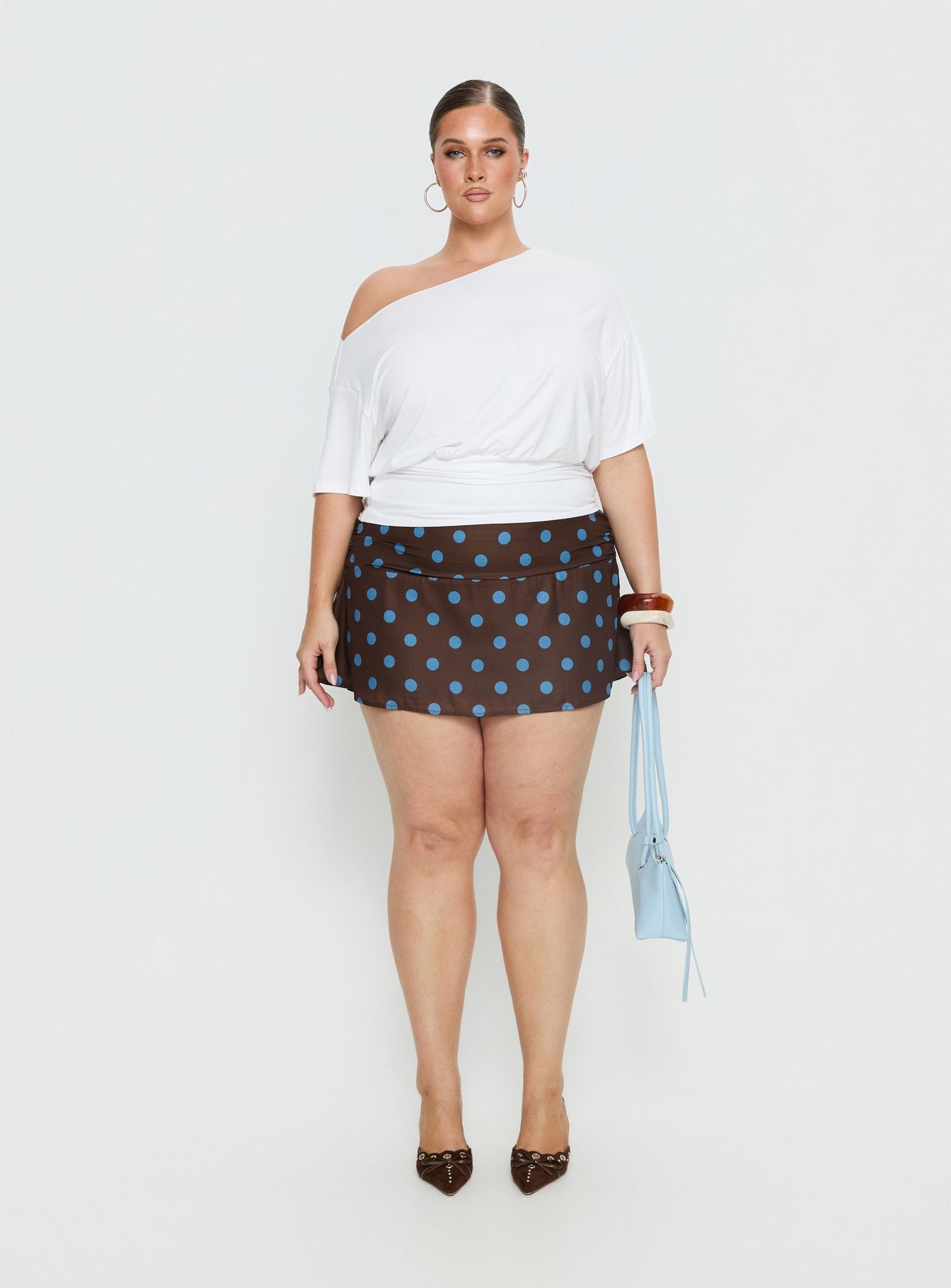 Elicia Ruched Mini Skirt Brown / Blue Polka Dot Curve