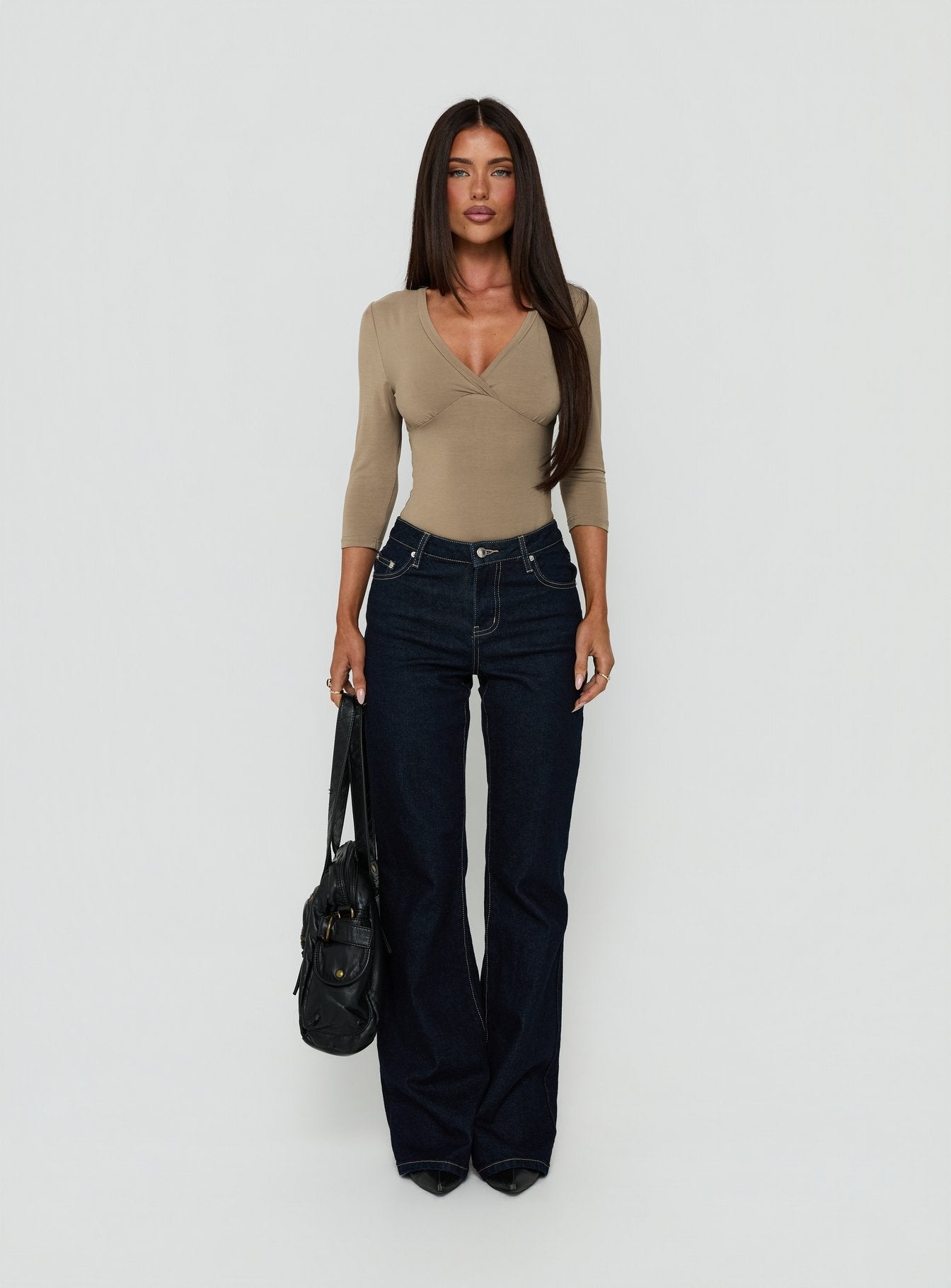 Adenn 3/4 Sleeve V Neck Bodysuit Taupe