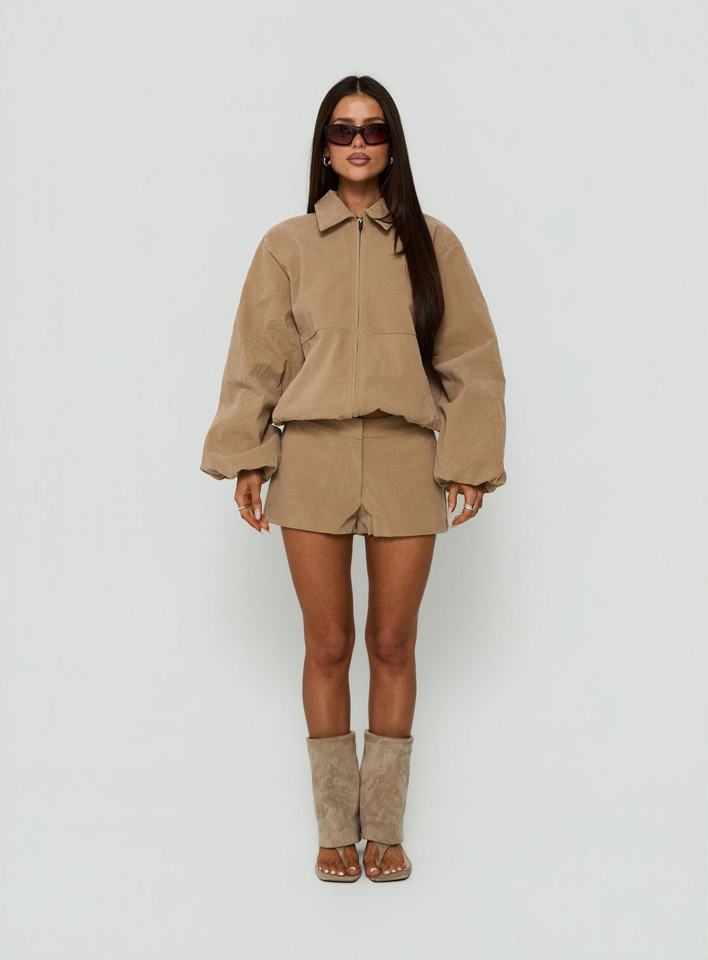 Esmeya Faux Suede Collared Bomber Jacket Beige