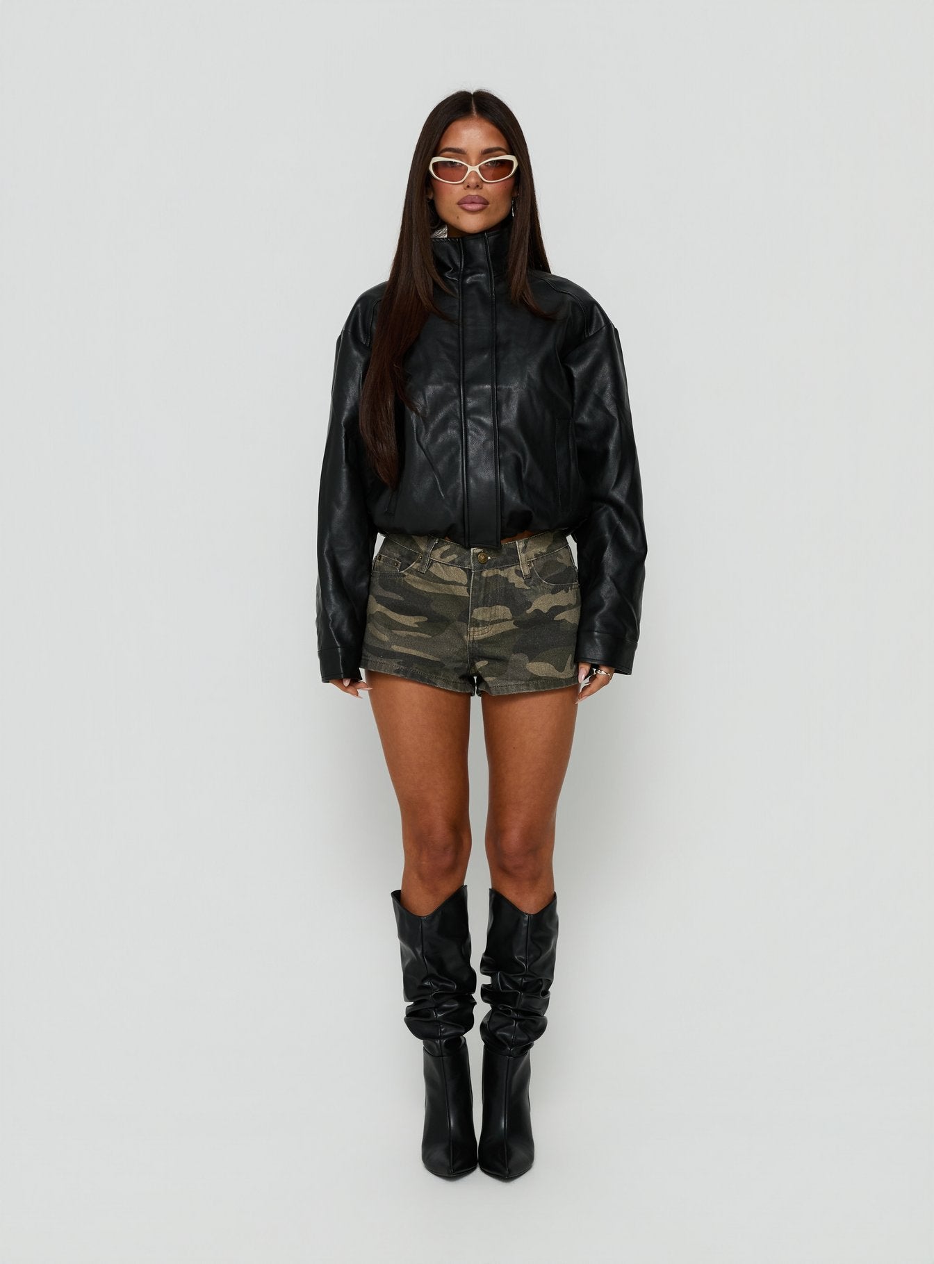 Kordale Funnel Neck Faux Leather Bomber Jacket Black