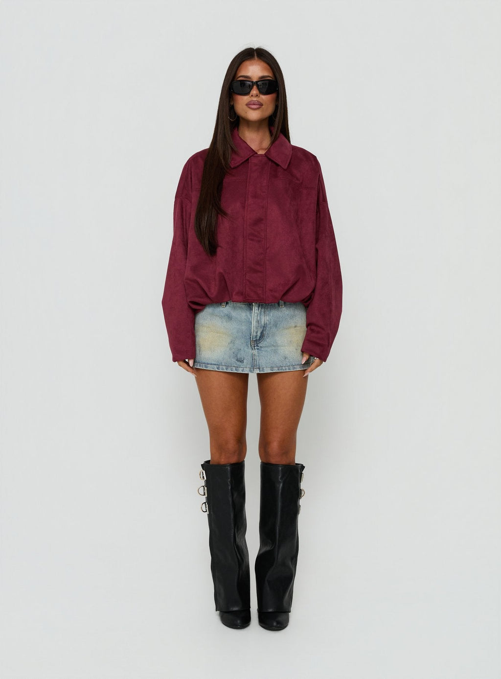 Enlightened Faux Suede Bomber Jacket Burgundy