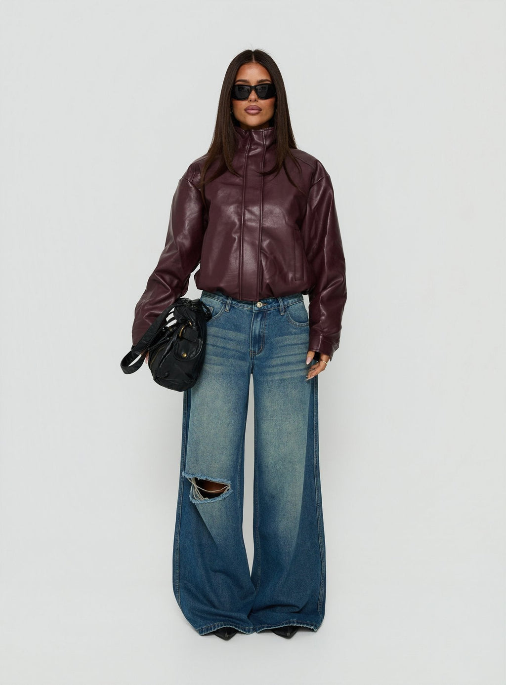 Kordale Funnel Neck Faux Leather Bomber Jacket Burgundy