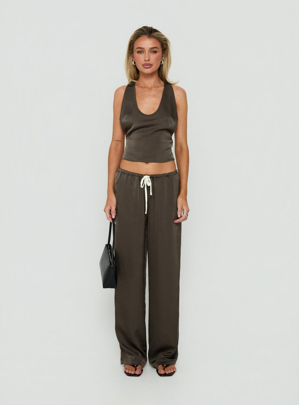 Dialled Up Tie Waist Satin Pants Mocha