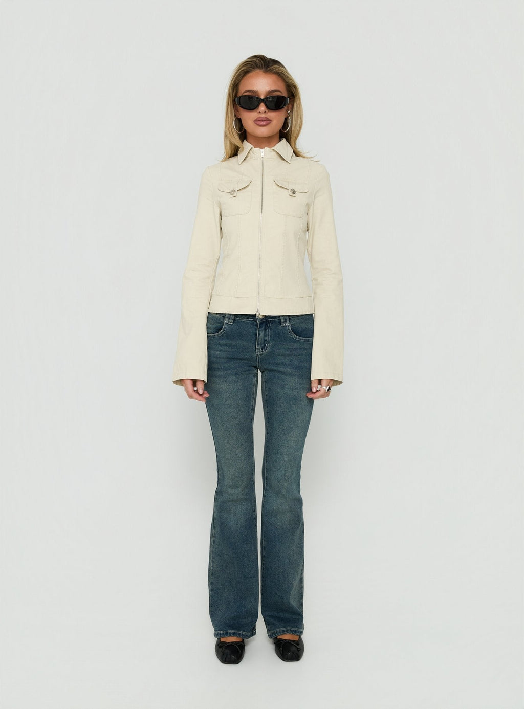 Kelehan Long Sleeve Zip Front Jacket Stonewashed Cream
