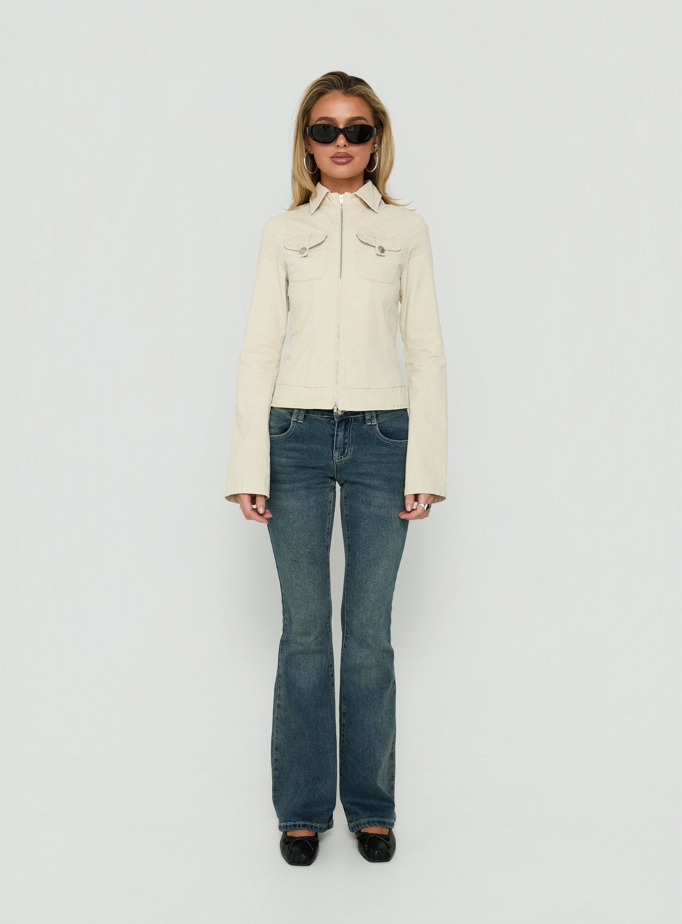 Kelehan Long Sleeve Zip Front Jacket Stonewashed Cream