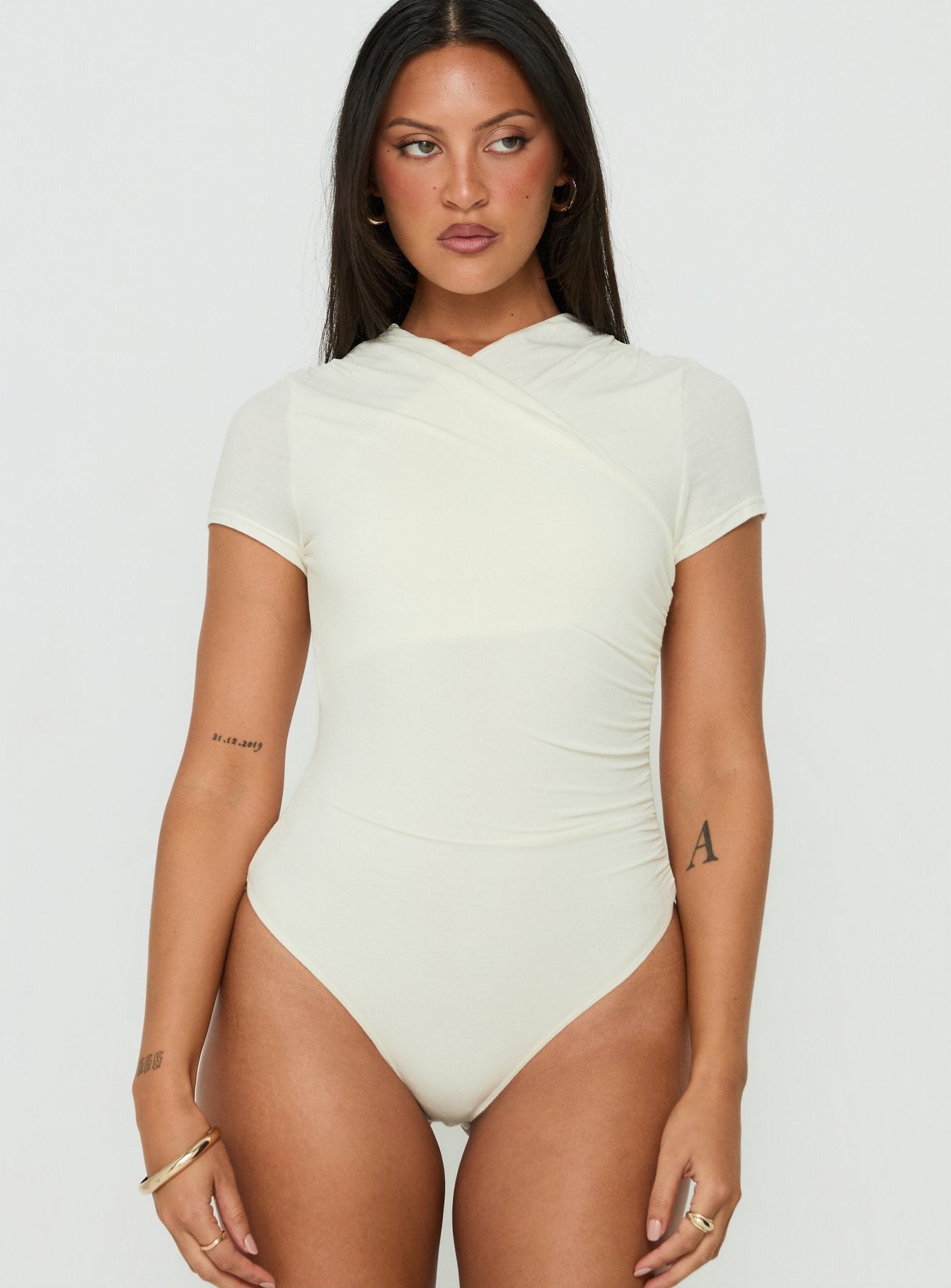 Odettea Cross Front Short Sleeve Bodysuit Cream