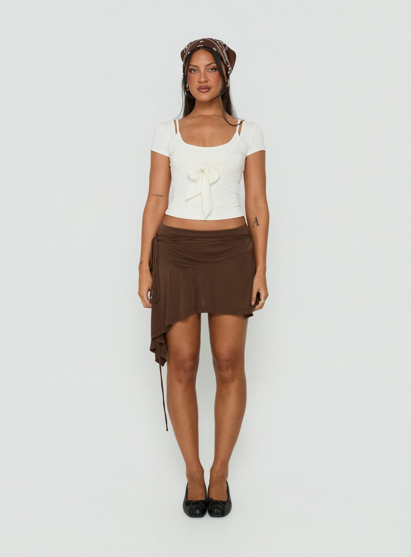 Joaney Tie Side Jersey Mini Skirt Chocolate