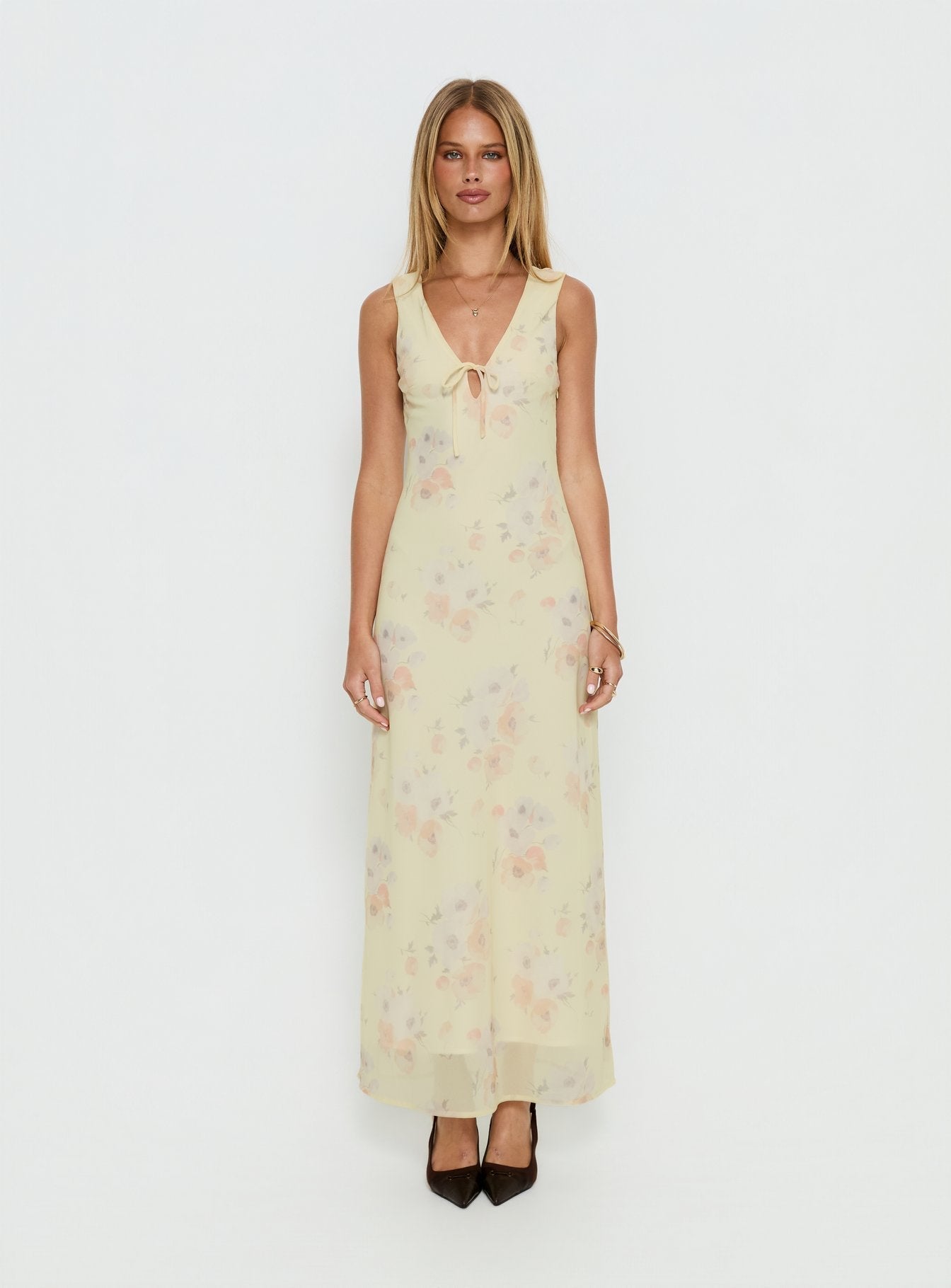 Joannah V Neck Midi Dress Yellow Floral