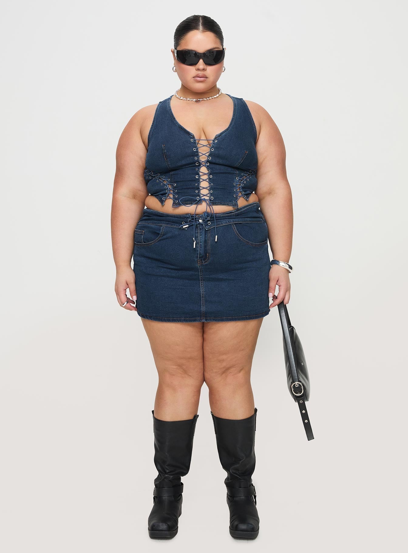 Popular Low Rise Mini Skirt Mid Blue Wash Curve