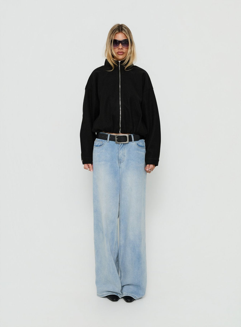 Chayden Cropped Faux Wool Bomber Jacket Black