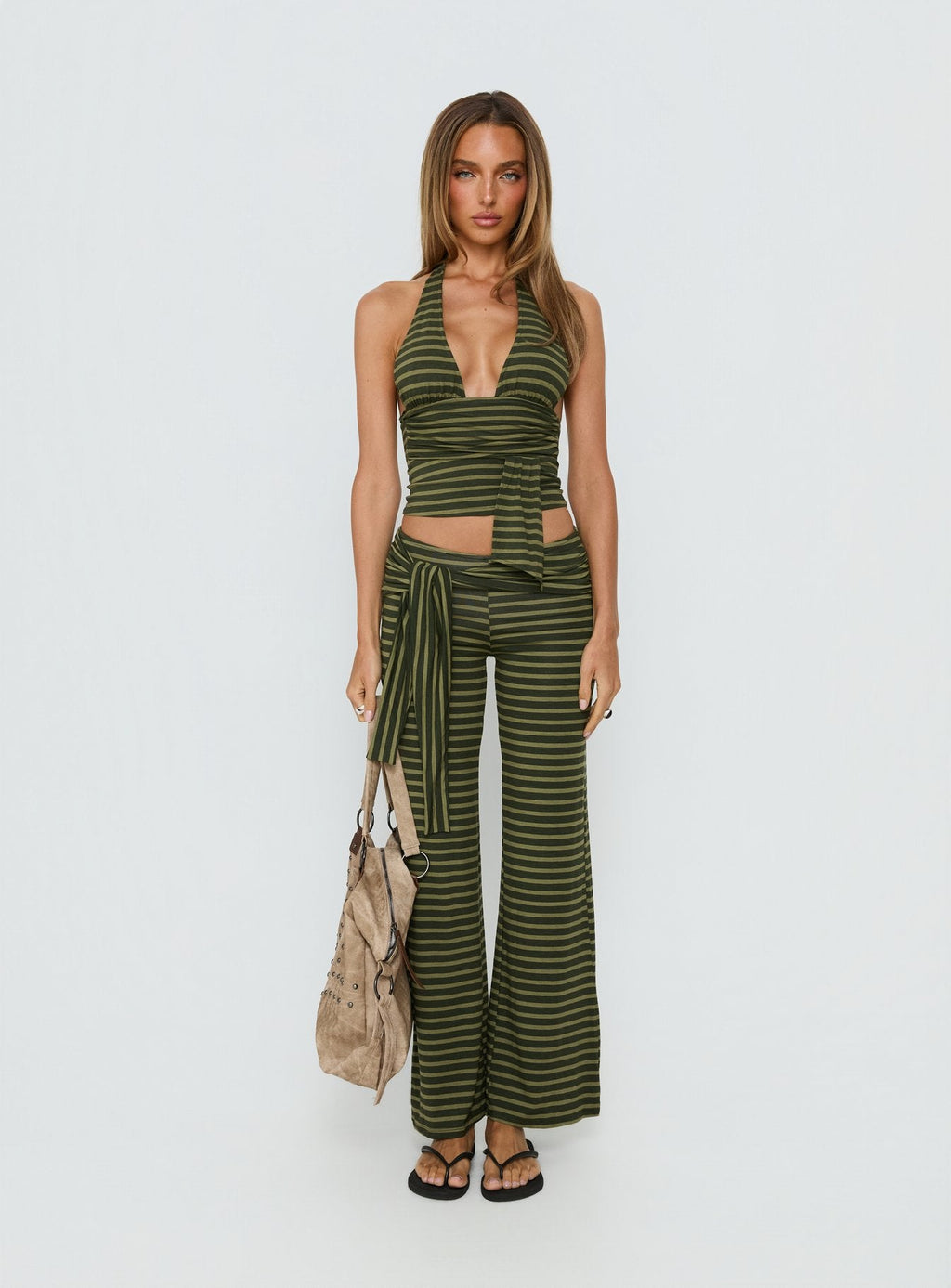 Esata Tie Detail Pants Green Stripe