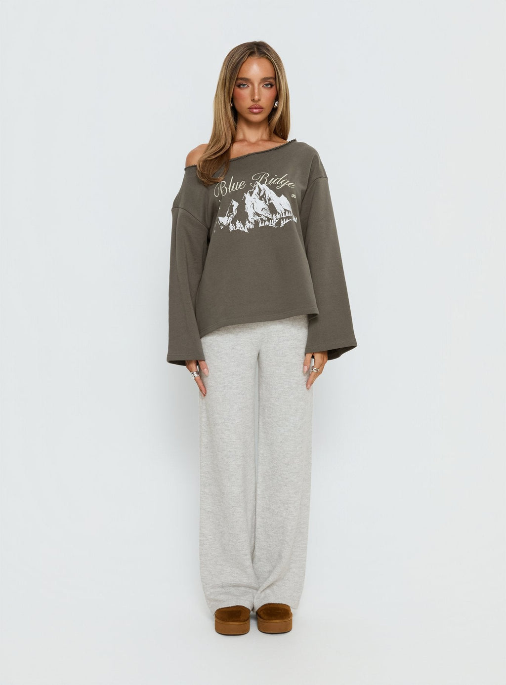 Blue Ridge Mountains Off Shoulder Graphic Sweater Grey