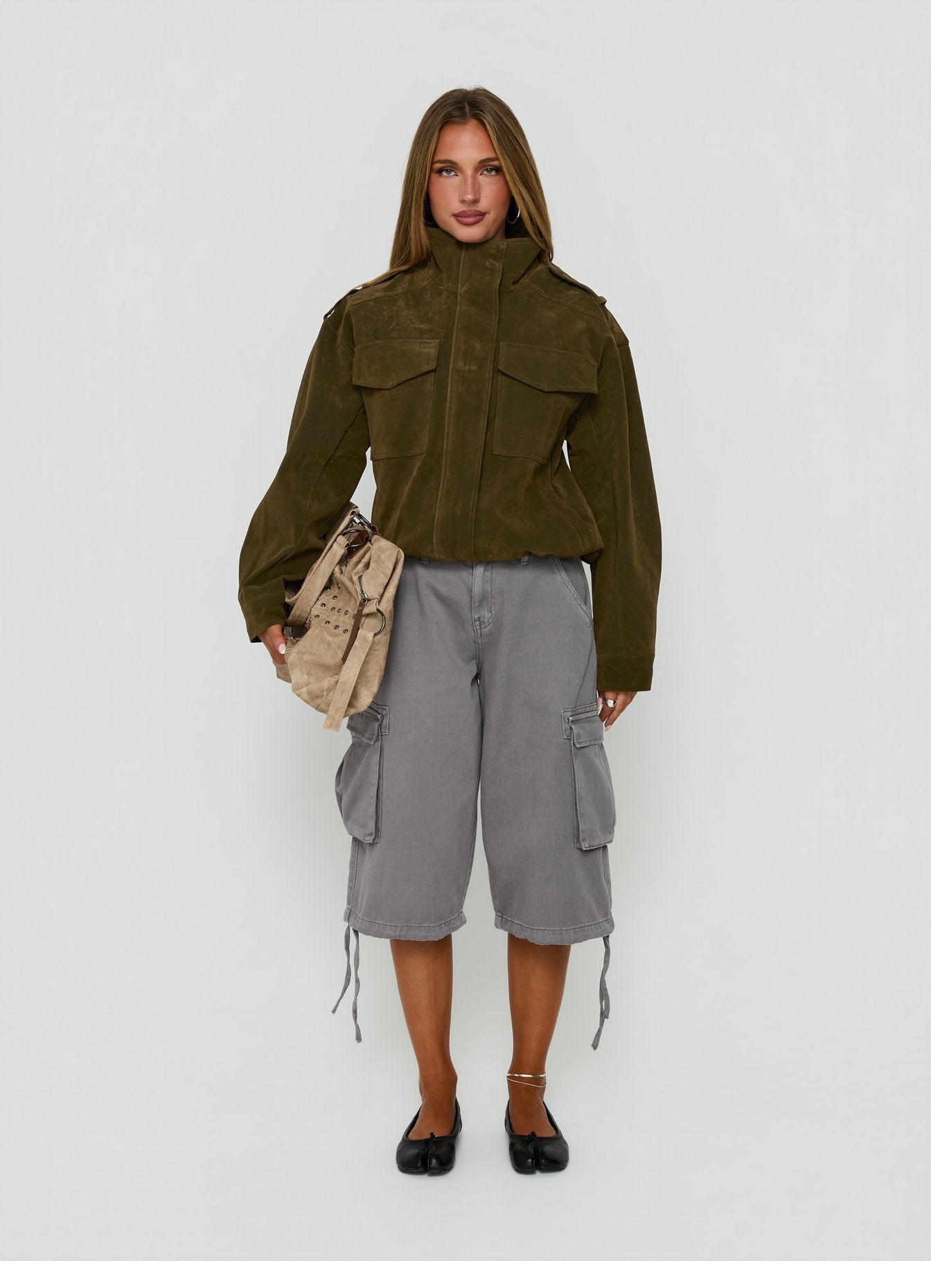Double Life Funnel Neck Cargo Jacket Olive Green
