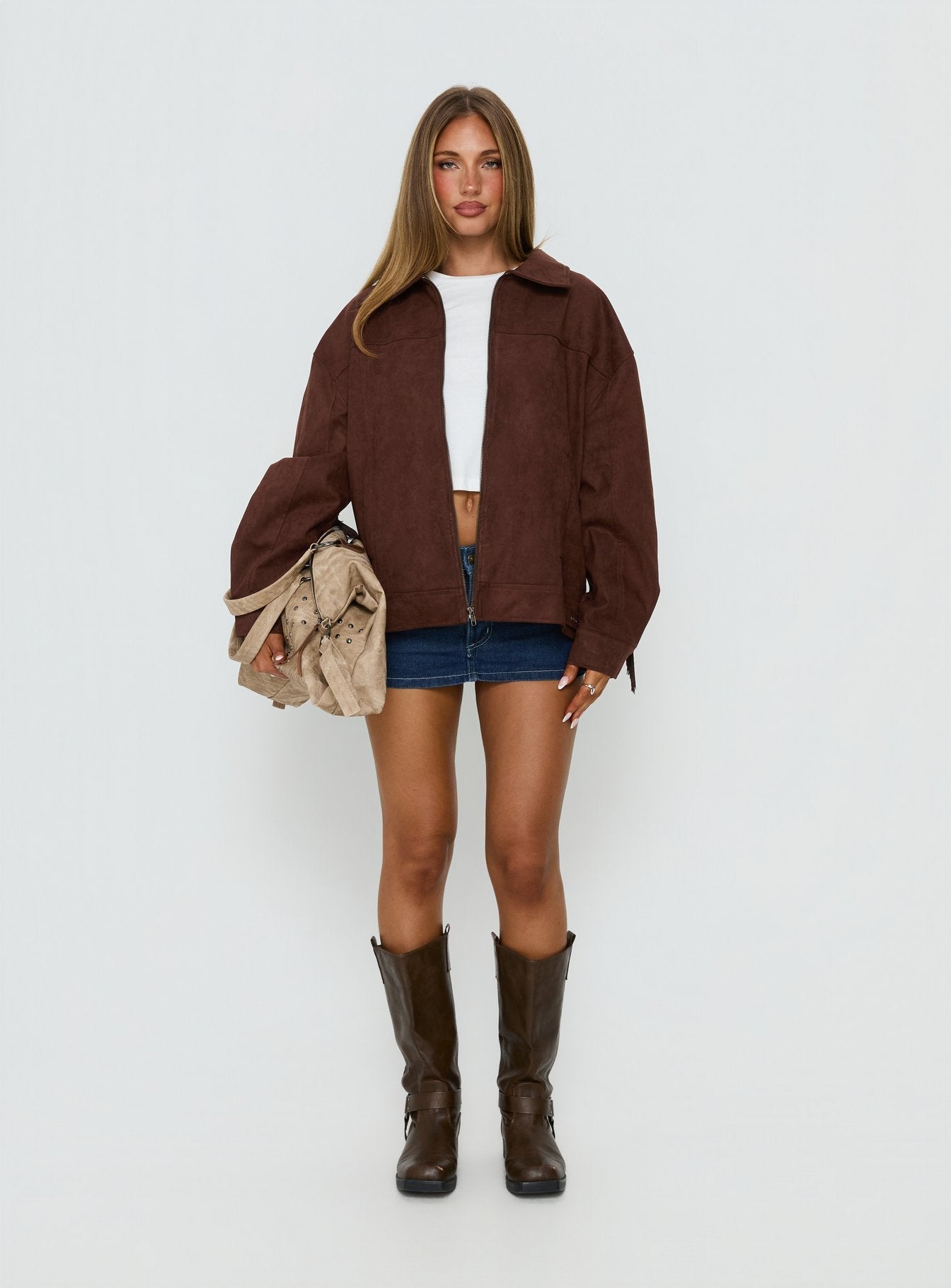 Goldsmith Faux Suede Tassel Bomber Jacket Chocolate