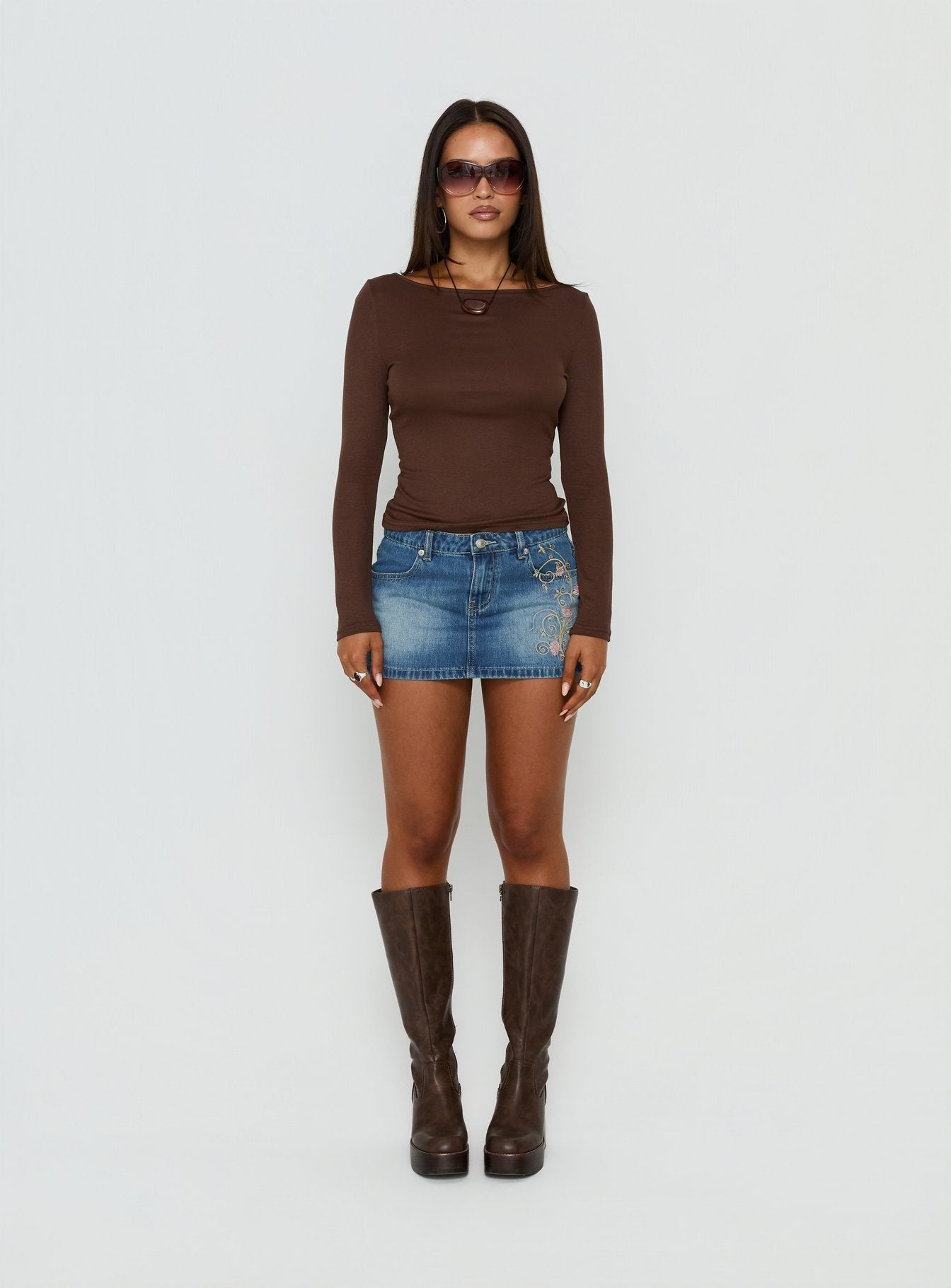 Flatline Embroidered Denim Mini Skirt Mid Wash
