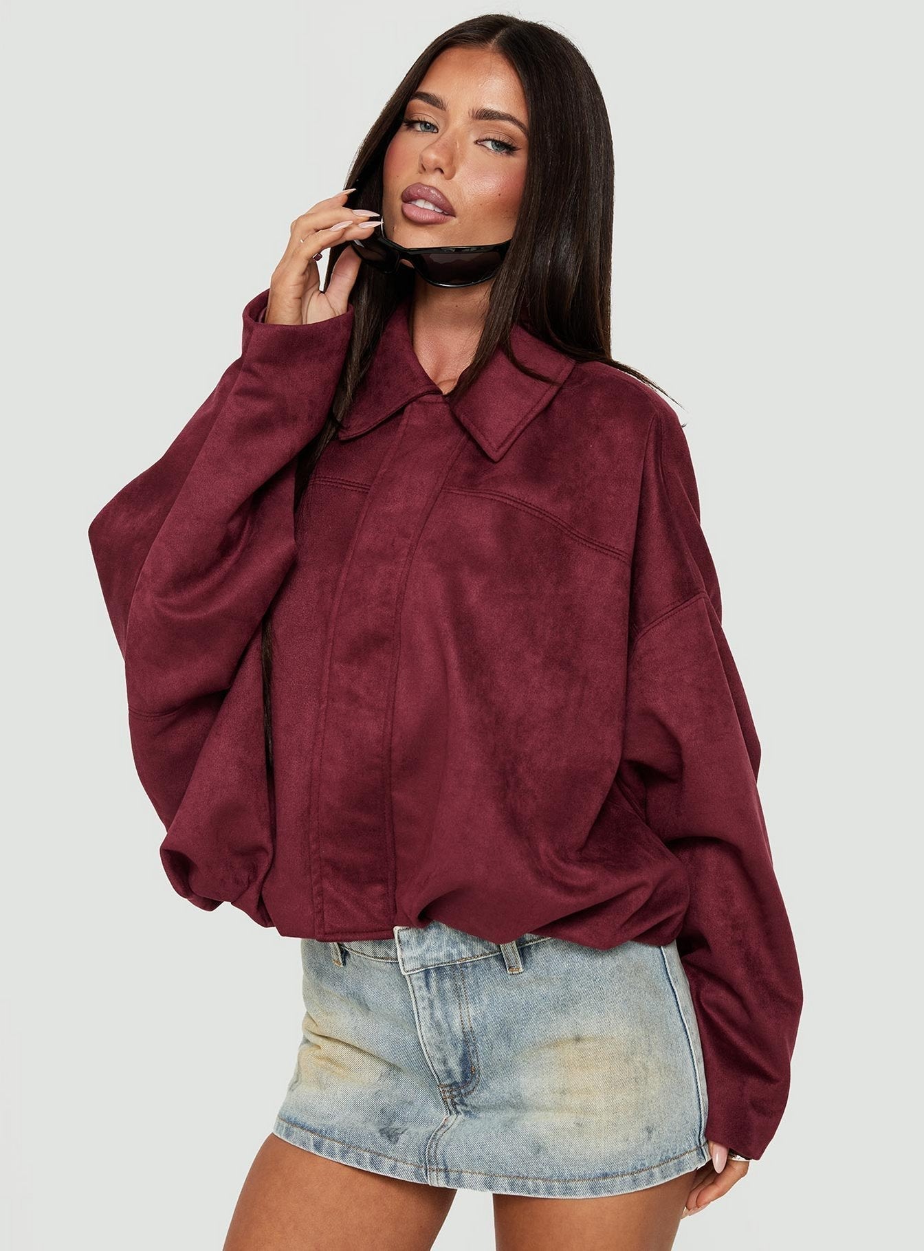 Enlightened Faux Suede Bomber Jacket Burgundy