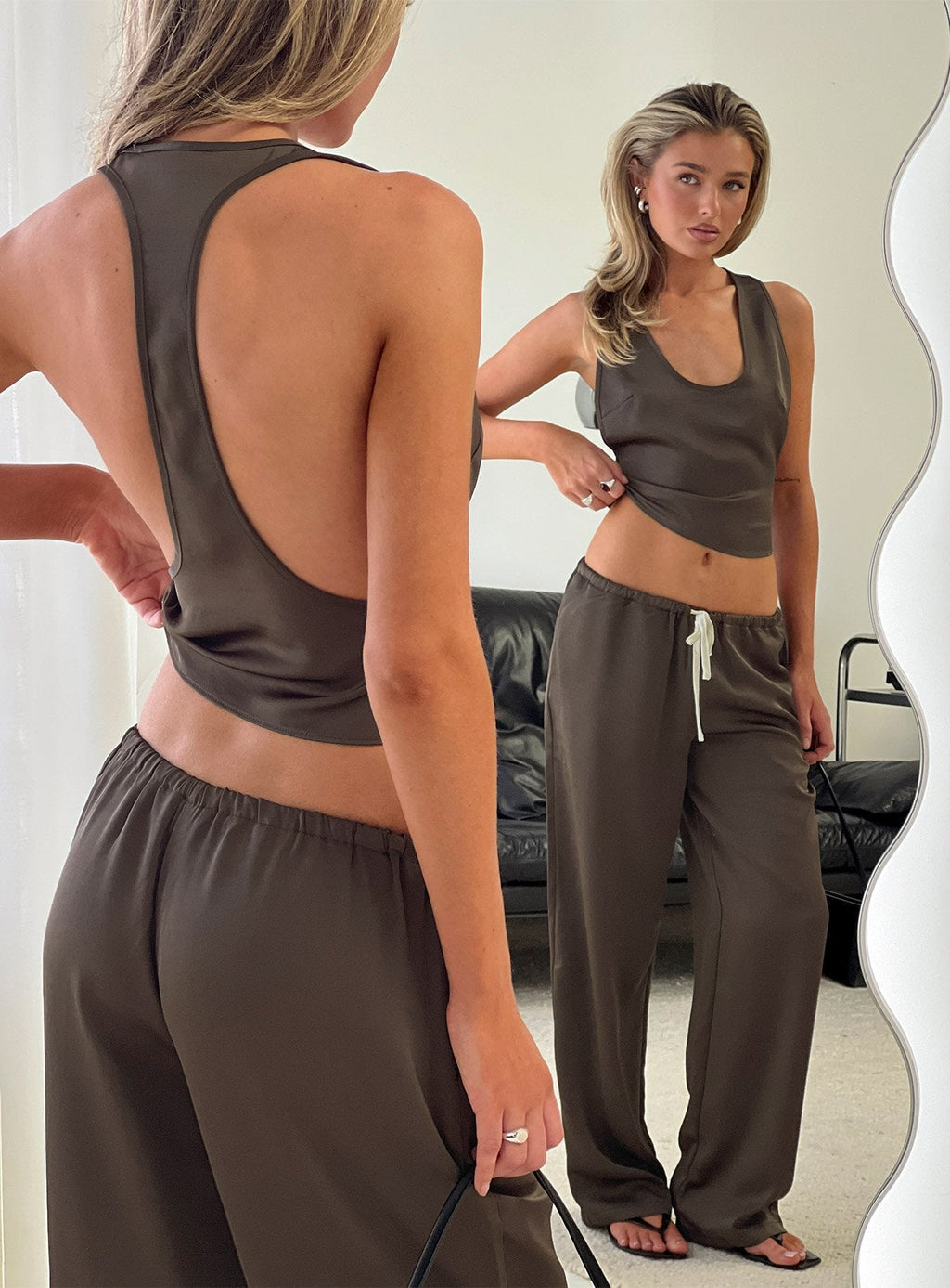 Dialled Up Tie Waist Satin Pants Mocha