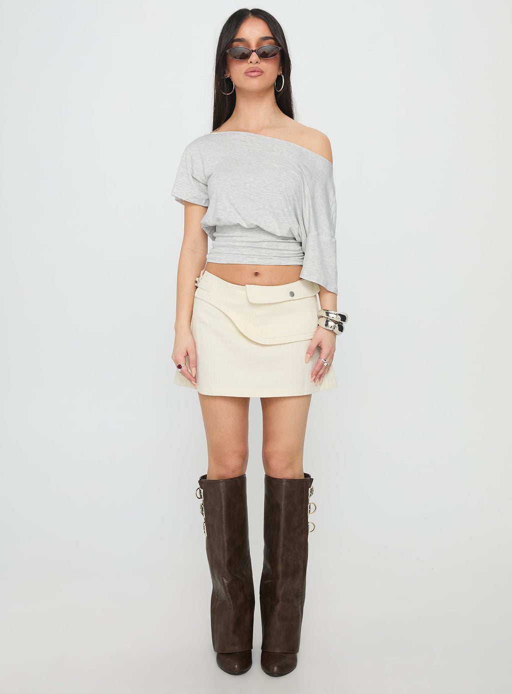 Supersonic Belted Denim Mini Skirt Ivory