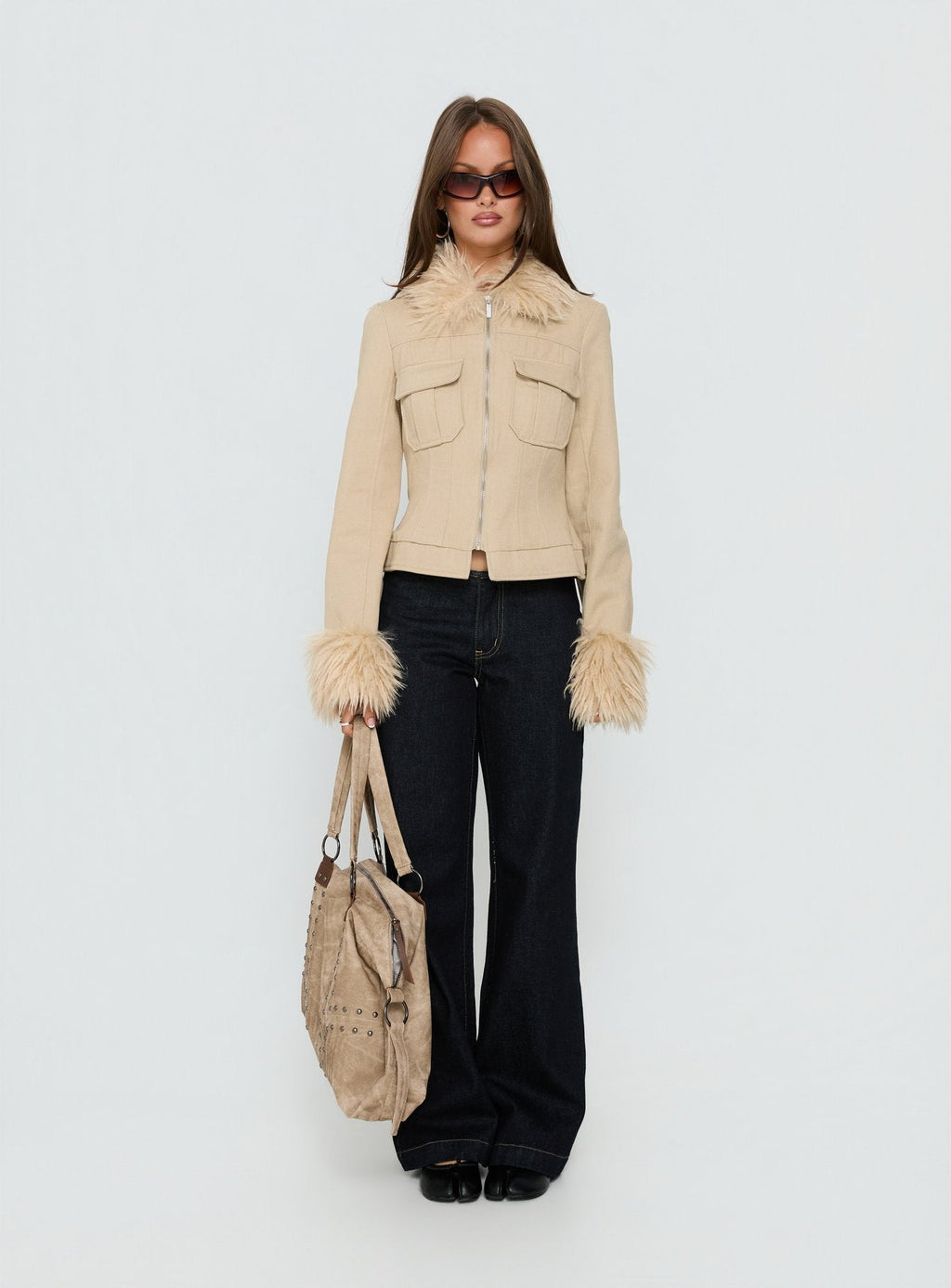 Nindie Faux Fur Contrast Jacket Tan