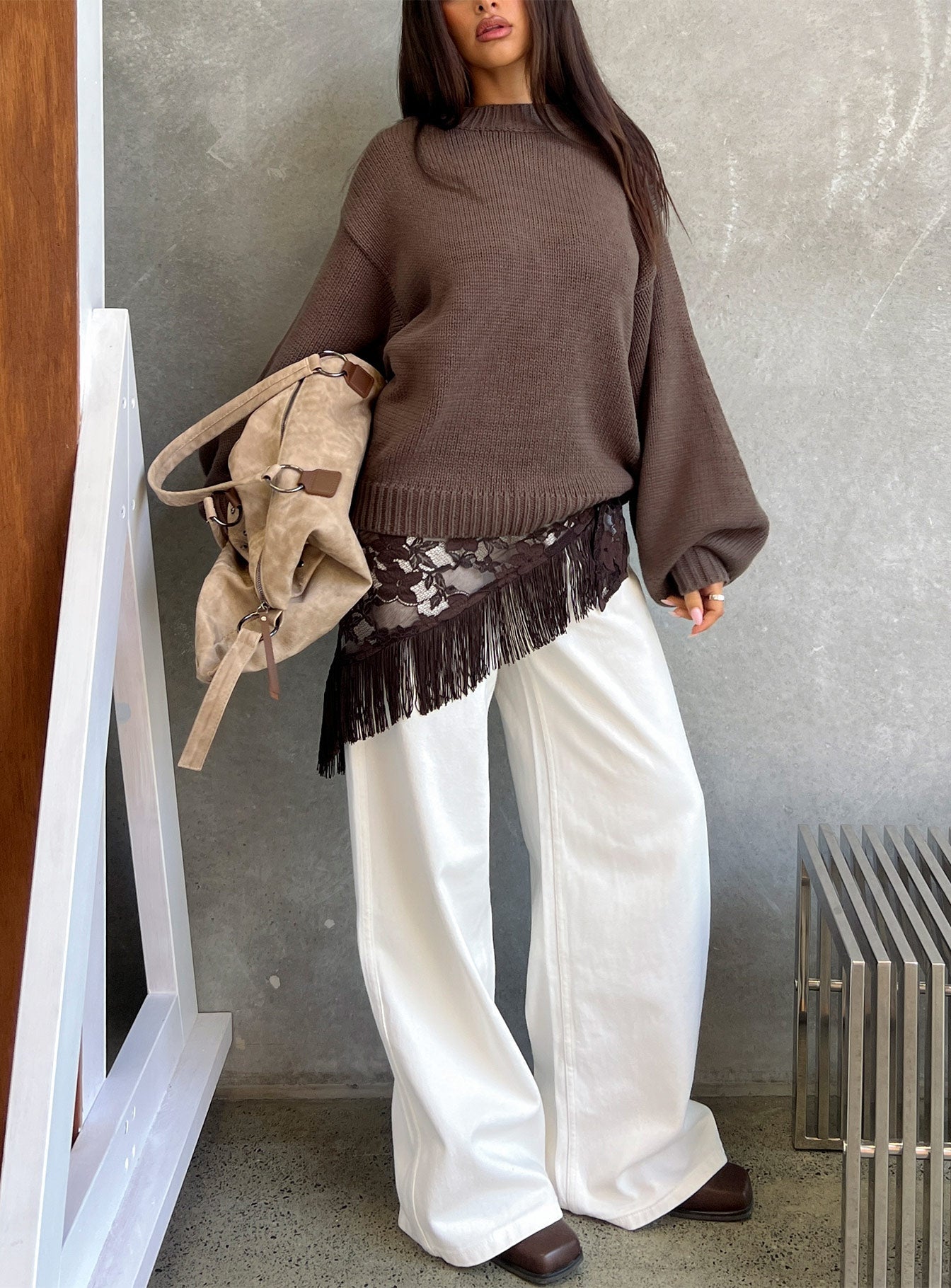 Harmony Balloon Sleeve Knit Sweater Dark Brown