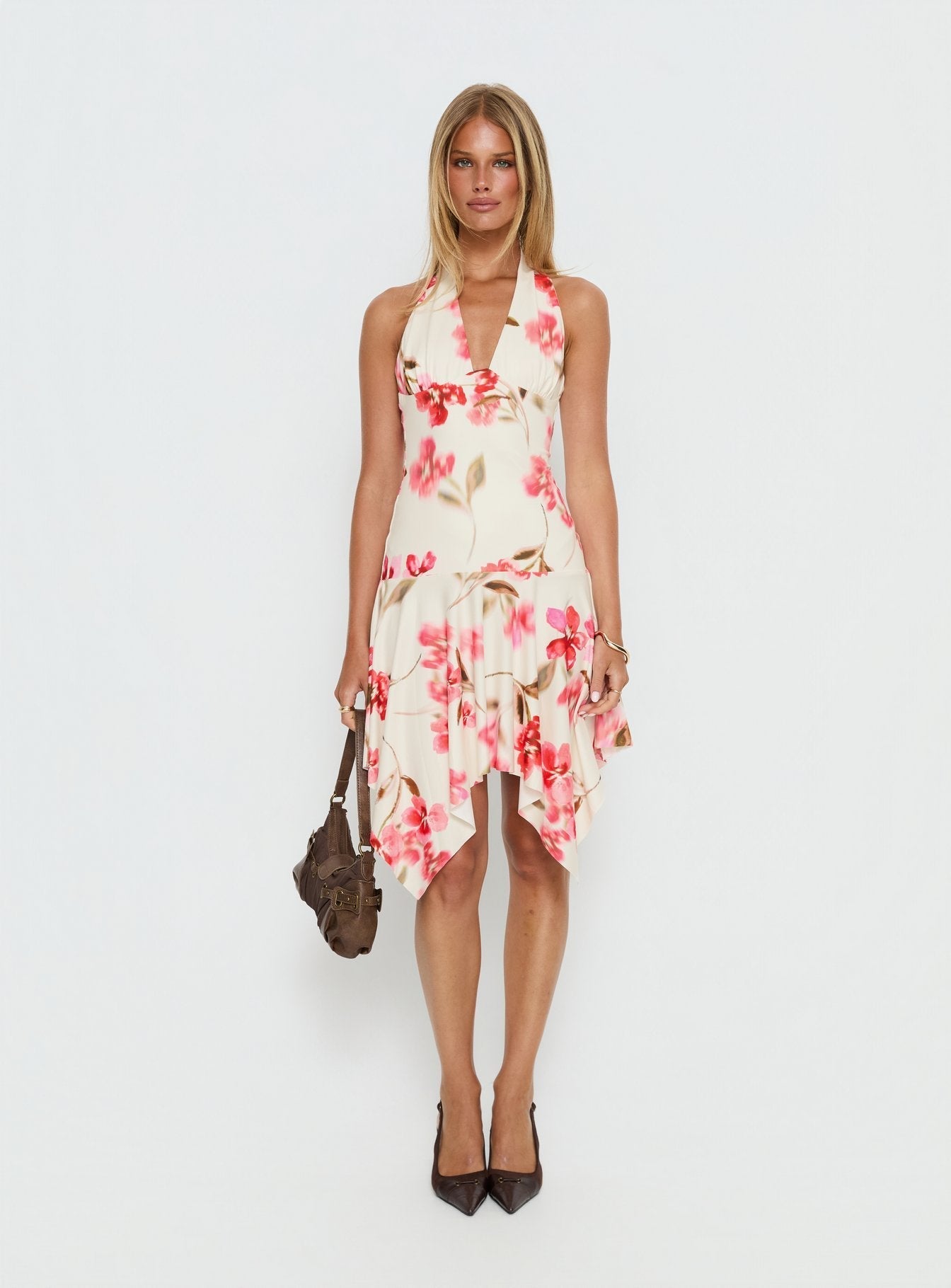 Loreza Halter Asymmetrical Midi Dress Cream Floral