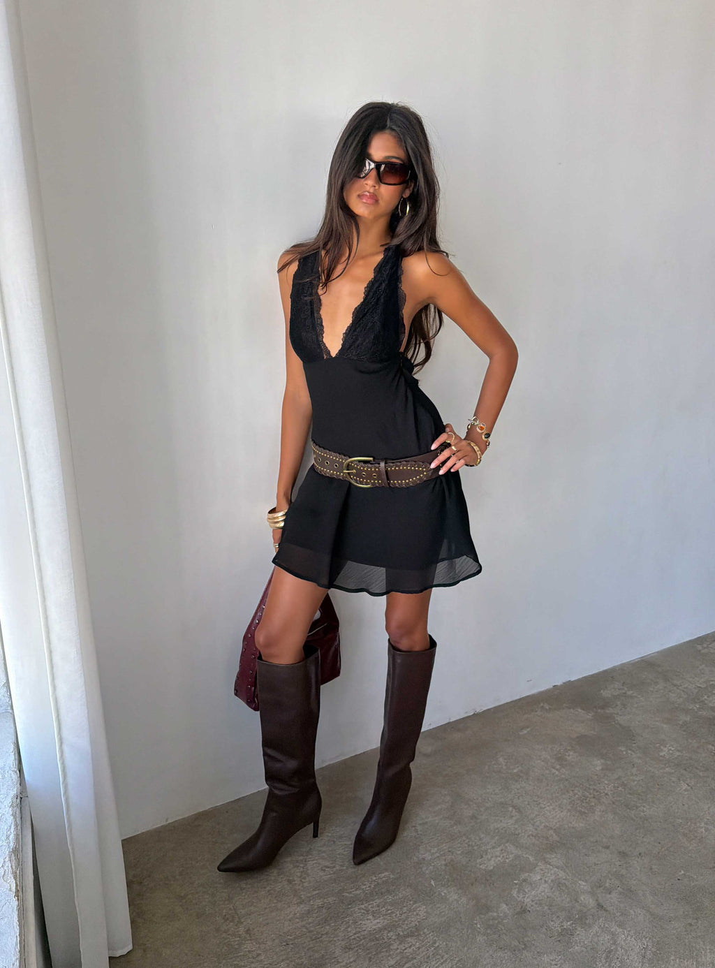 Edeni Lace Splice Halter Mini Dress Black