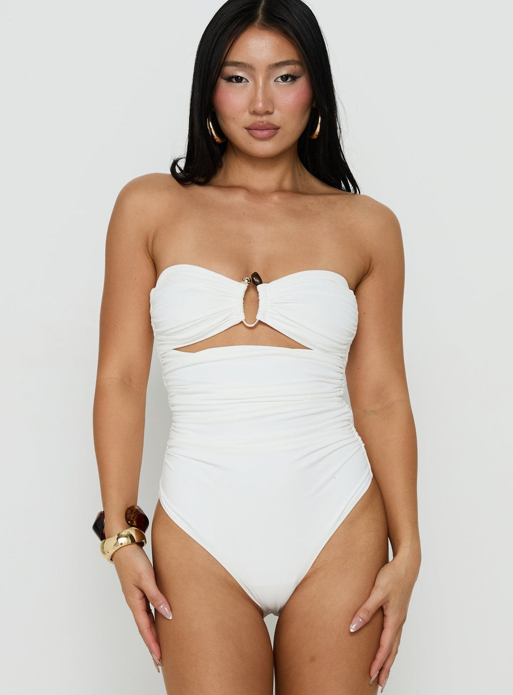 See Me Soon Strapless Hardware Detail Bodysuit White