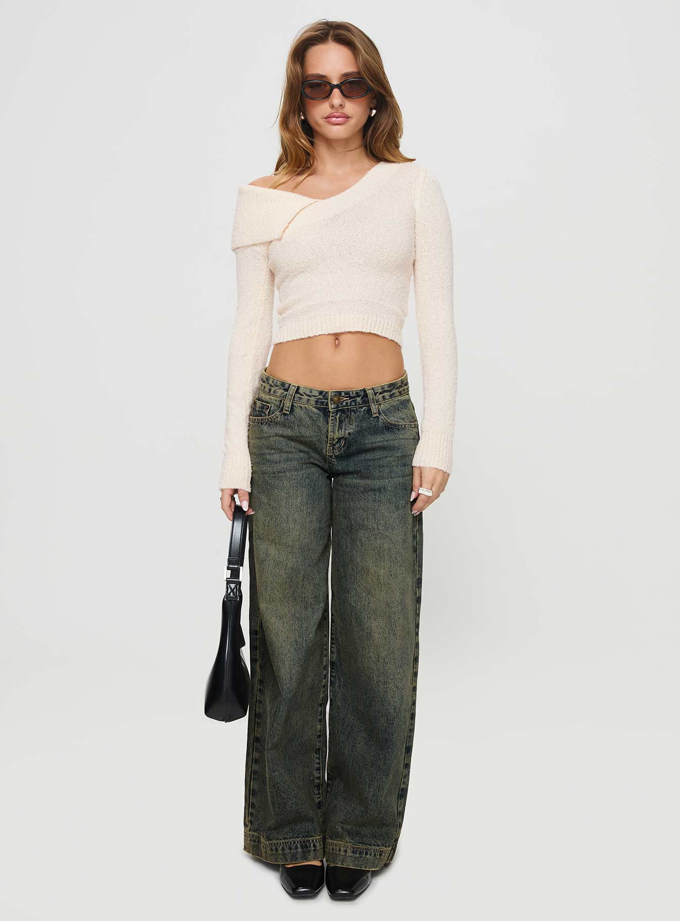 Ribbon Stamp Low Rise Wide Leg Jeans Antique Wash Petite