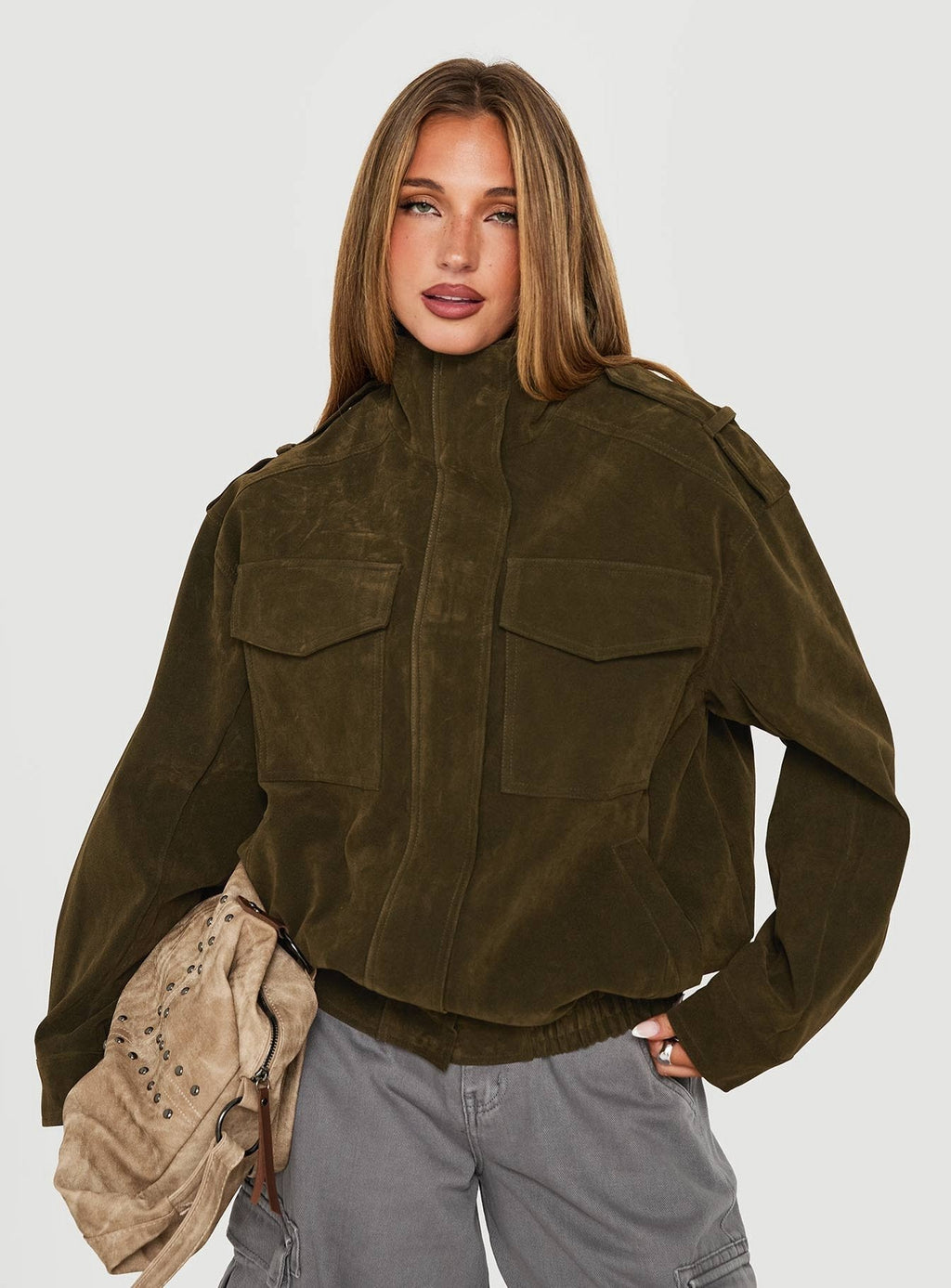 Double Life Funnel Neck Cargo Jacket Olive Green