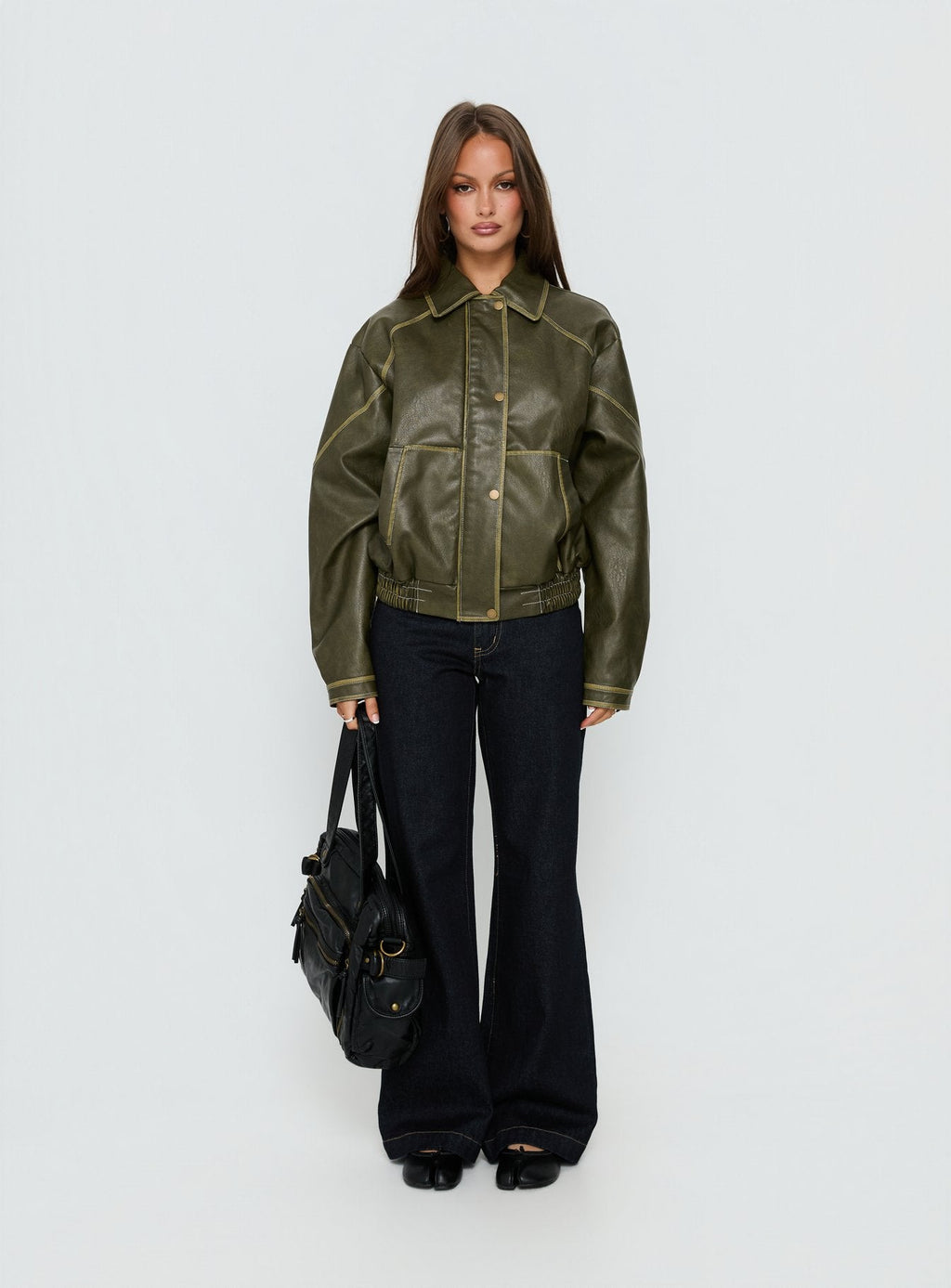 Jaxton Faux Leather Bomber Jacket Olive