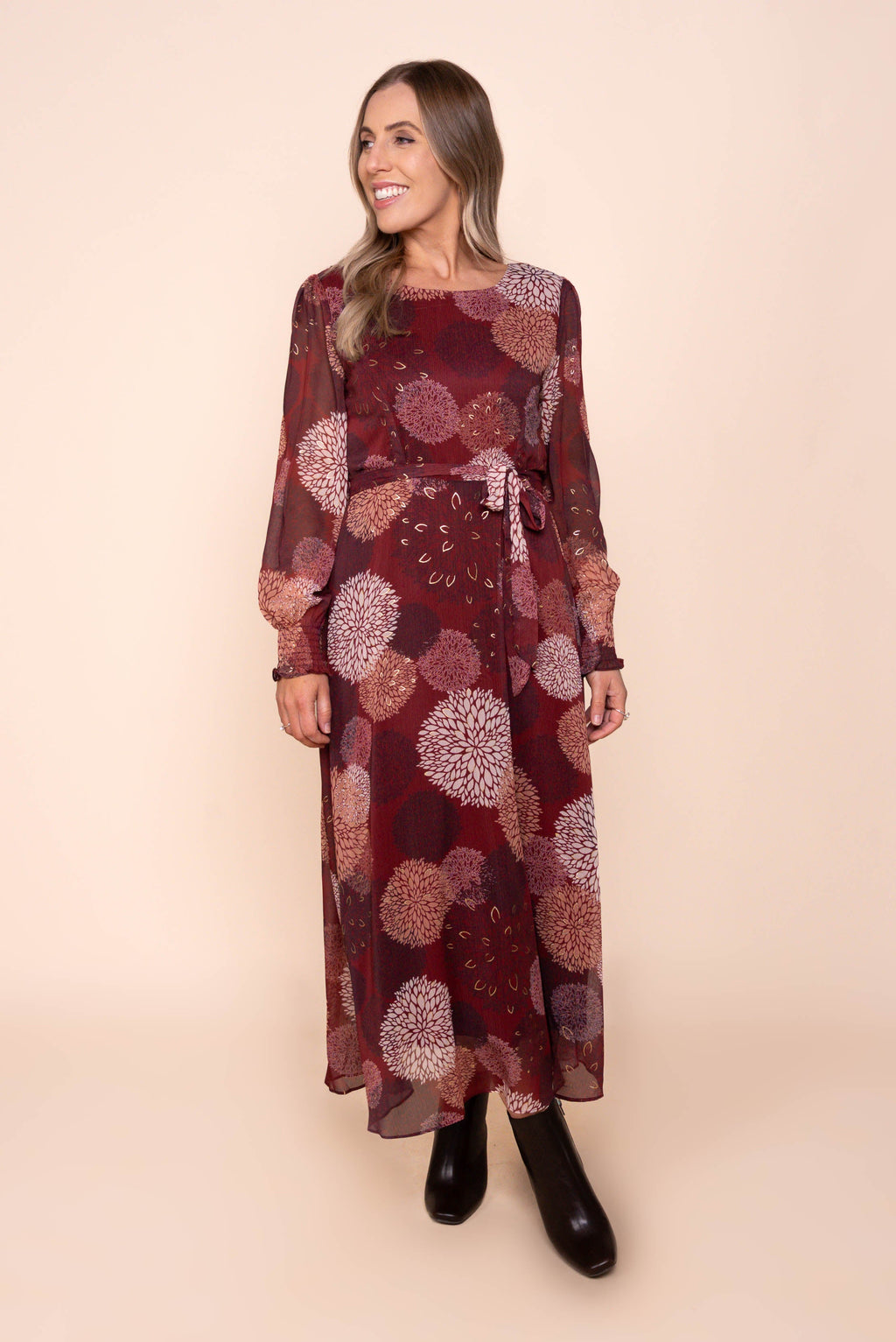 Fortuna Gold Foil Maxi Dress in Burgundy