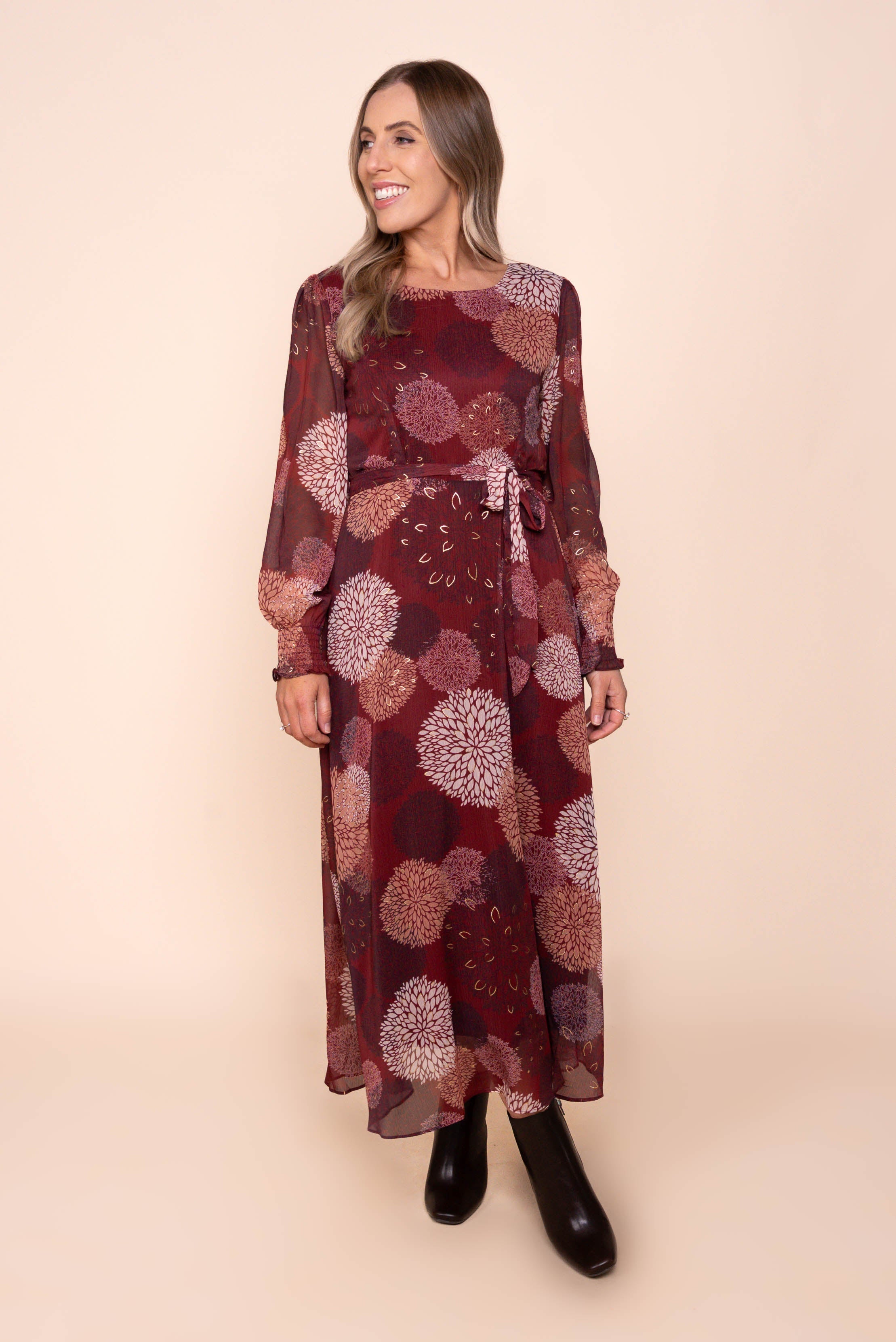 Fortuna Gold Foil Maxi Dress in Burgundy