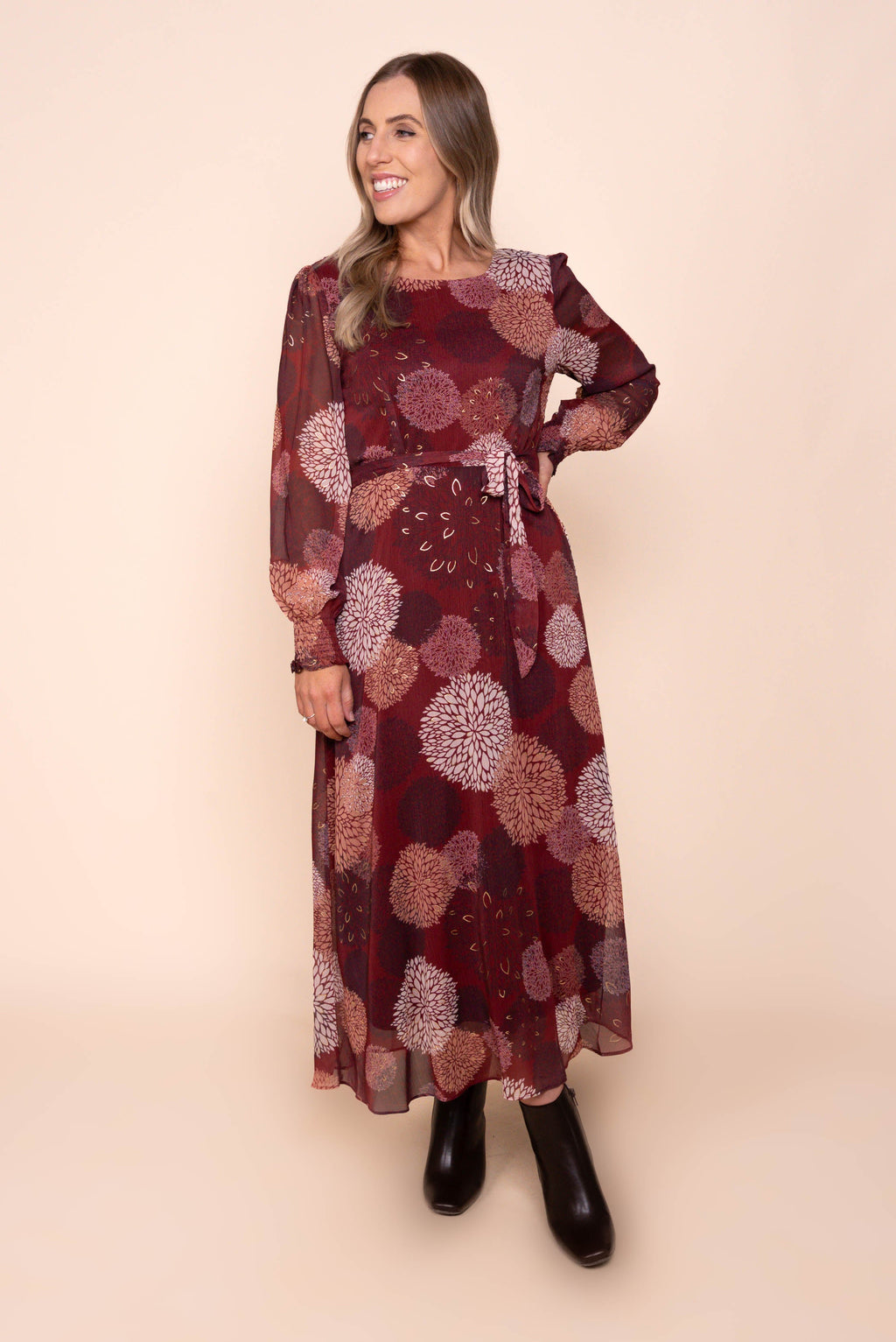 Fortuna Gold Foil Maxi Dress in Burgundy