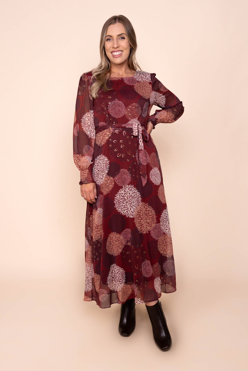 Fortuna Gold Foil Maxi Dress in Burgundy