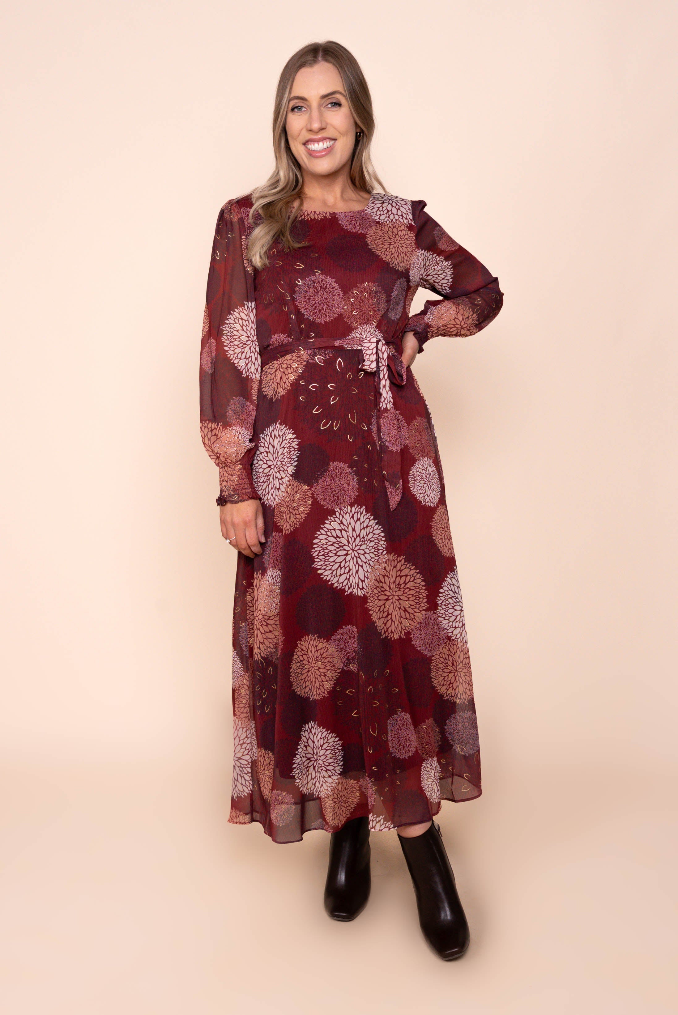 Fortuna Gold Foil Maxi Dress in Burgundy