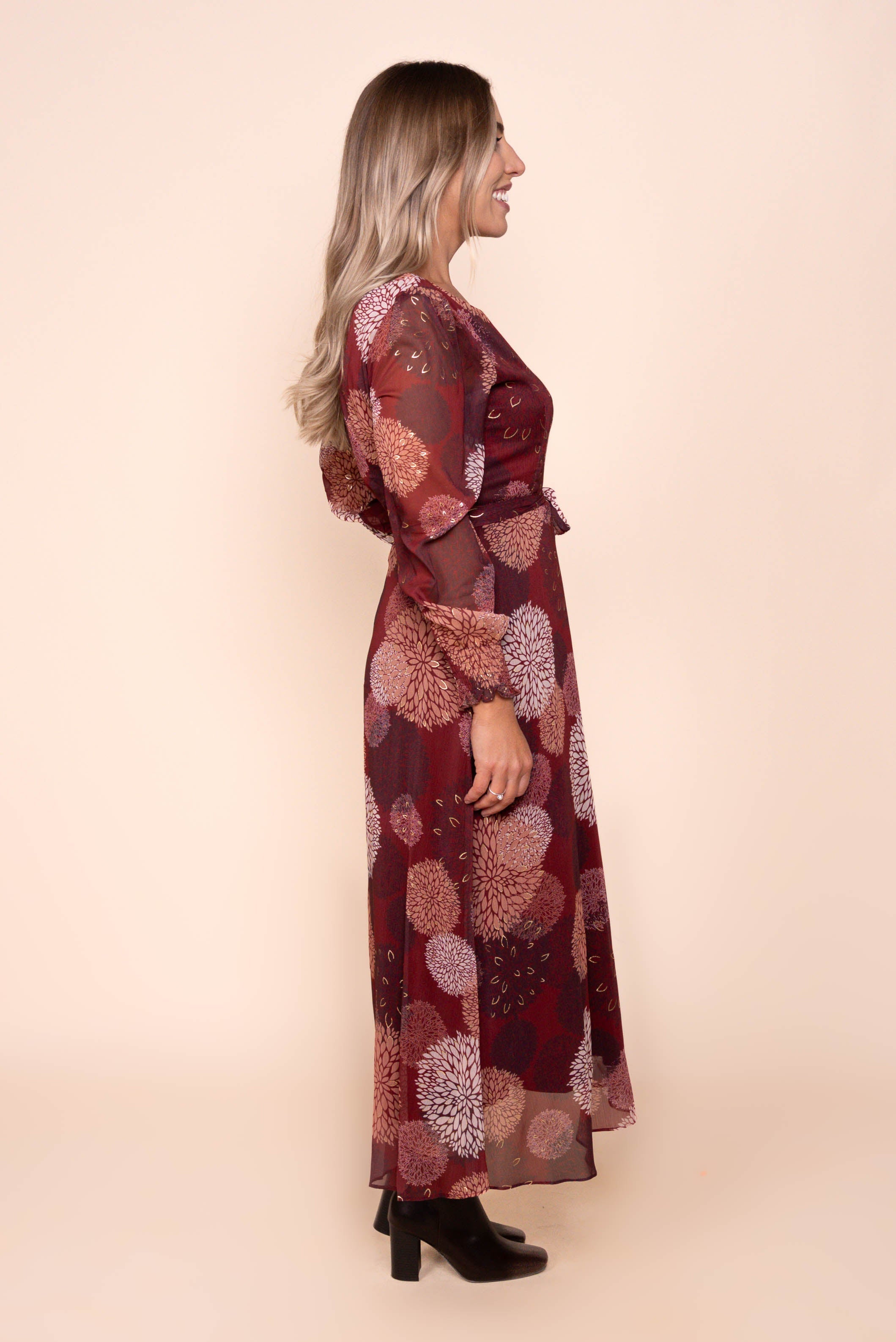 Fortuna Gold Foil Maxi Dress in Burgundy