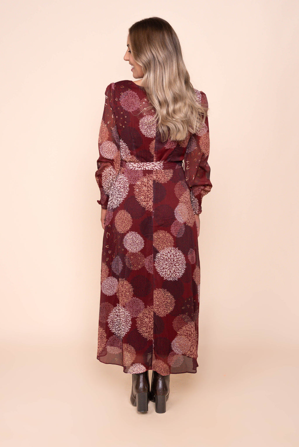 Fortuna Gold Foil Maxi Dress in Burgundy