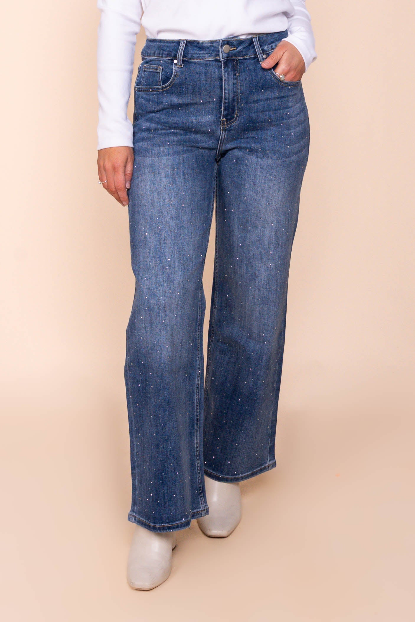 Regina Wide Leg Diamante Jeans in Denim
