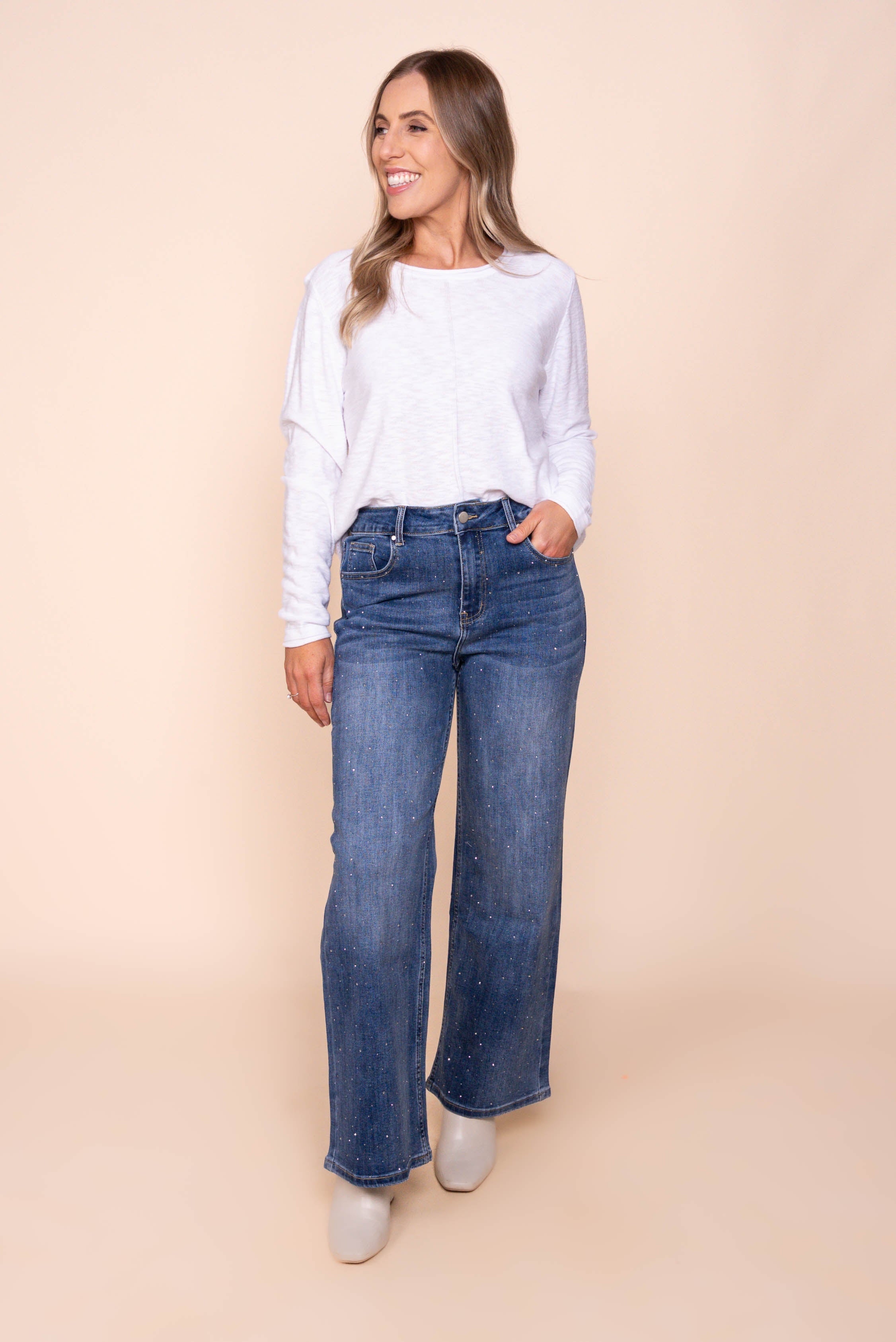 Regina Wide Leg Diamante Jeans in Denim