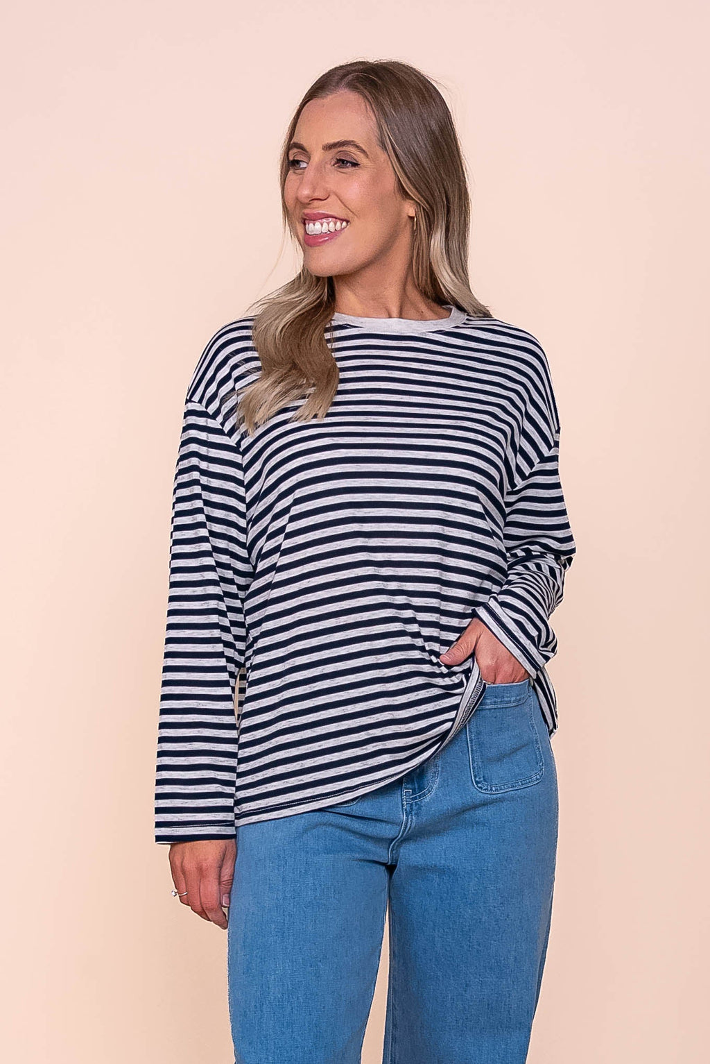 Dolcie L/S Stripe Tee in Navy/Grey Marle