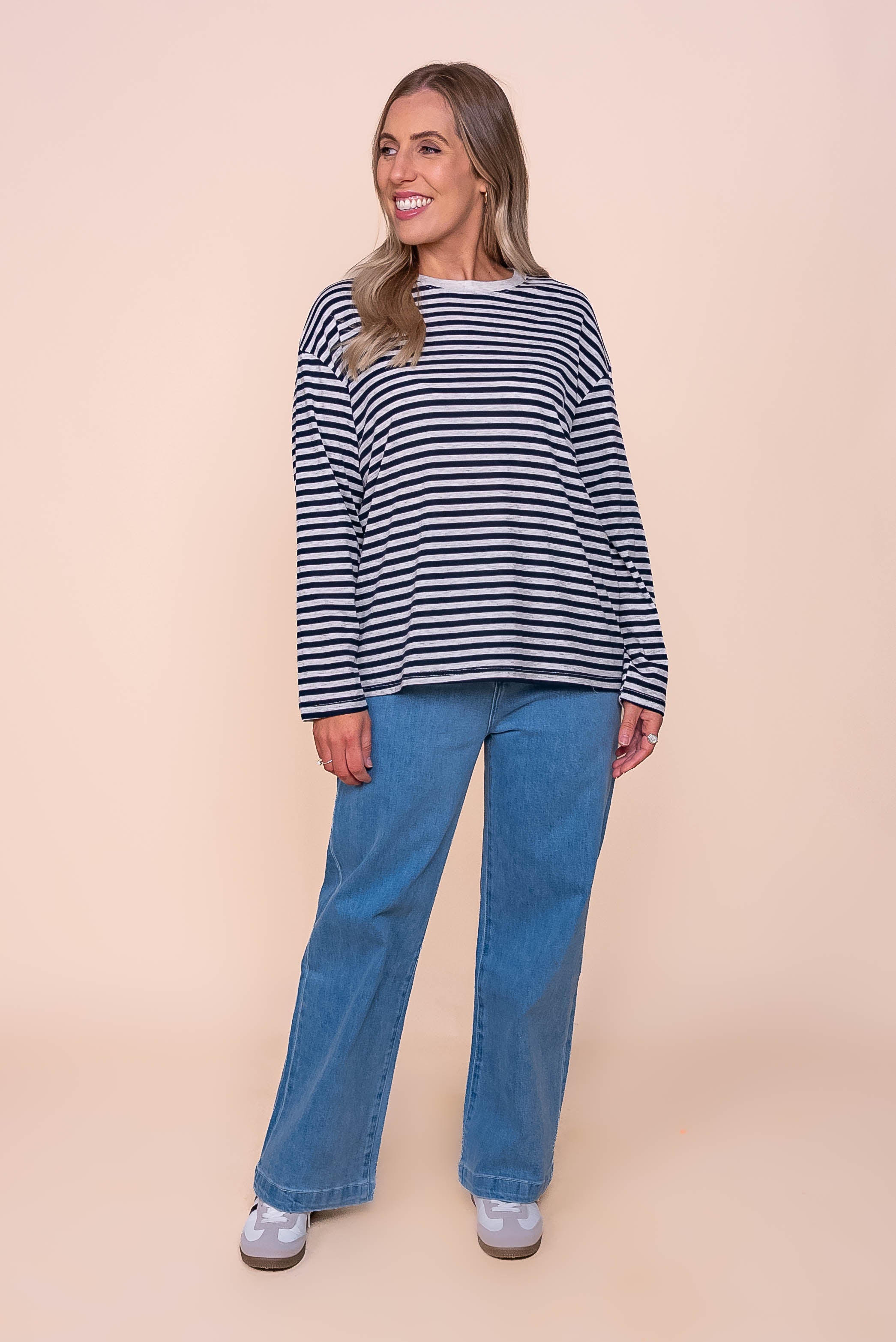 Dolcie L/S Stripe Tee in Navy/Grey Marle