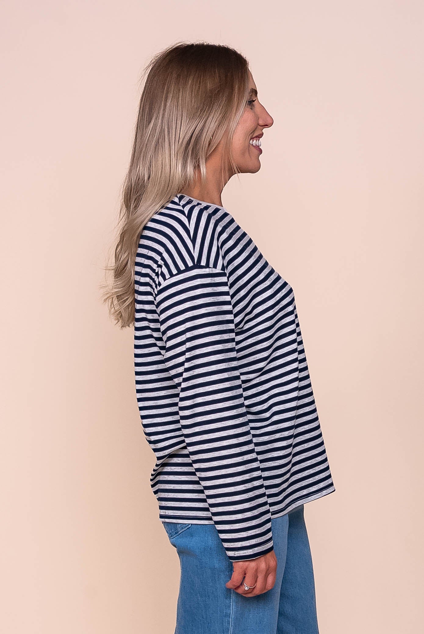 Dolcie L/S Stripe Tee in Navy/Grey Marle