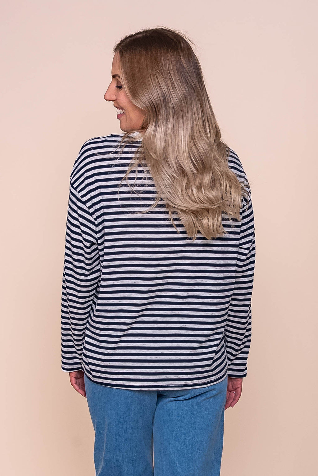 Dolcie L/S Stripe Tee in Navy/Grey Marle