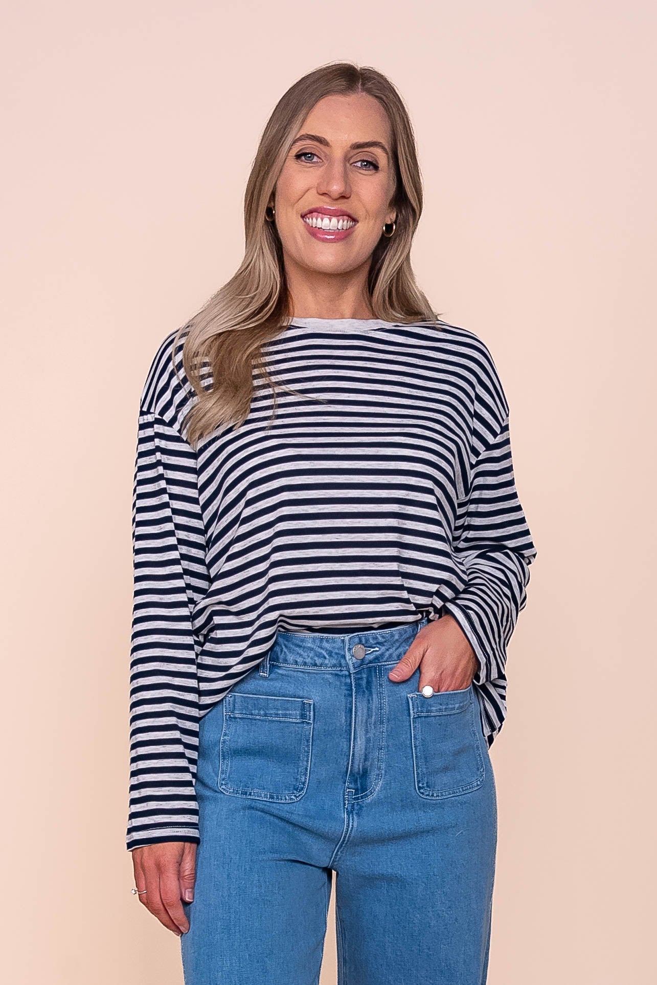 Dolcie L/S Stripe Tee in Navy/Grey Marle