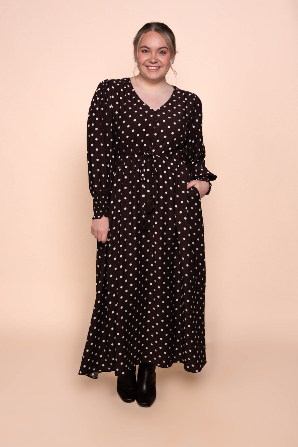 Reese Polka Dot Maxi Dress in Chocolate