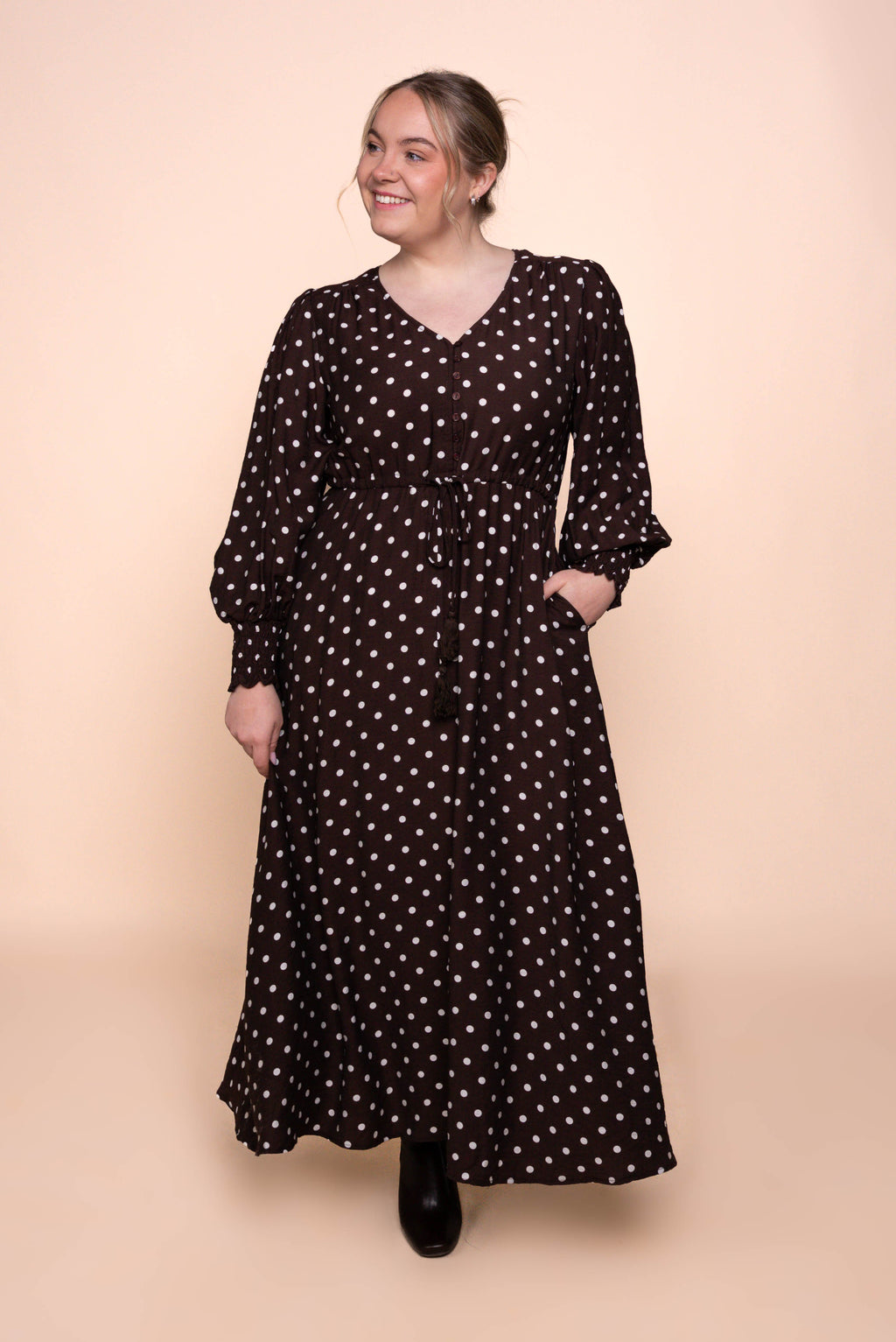Reese Polka Dot Maxi Dress in Chocolate