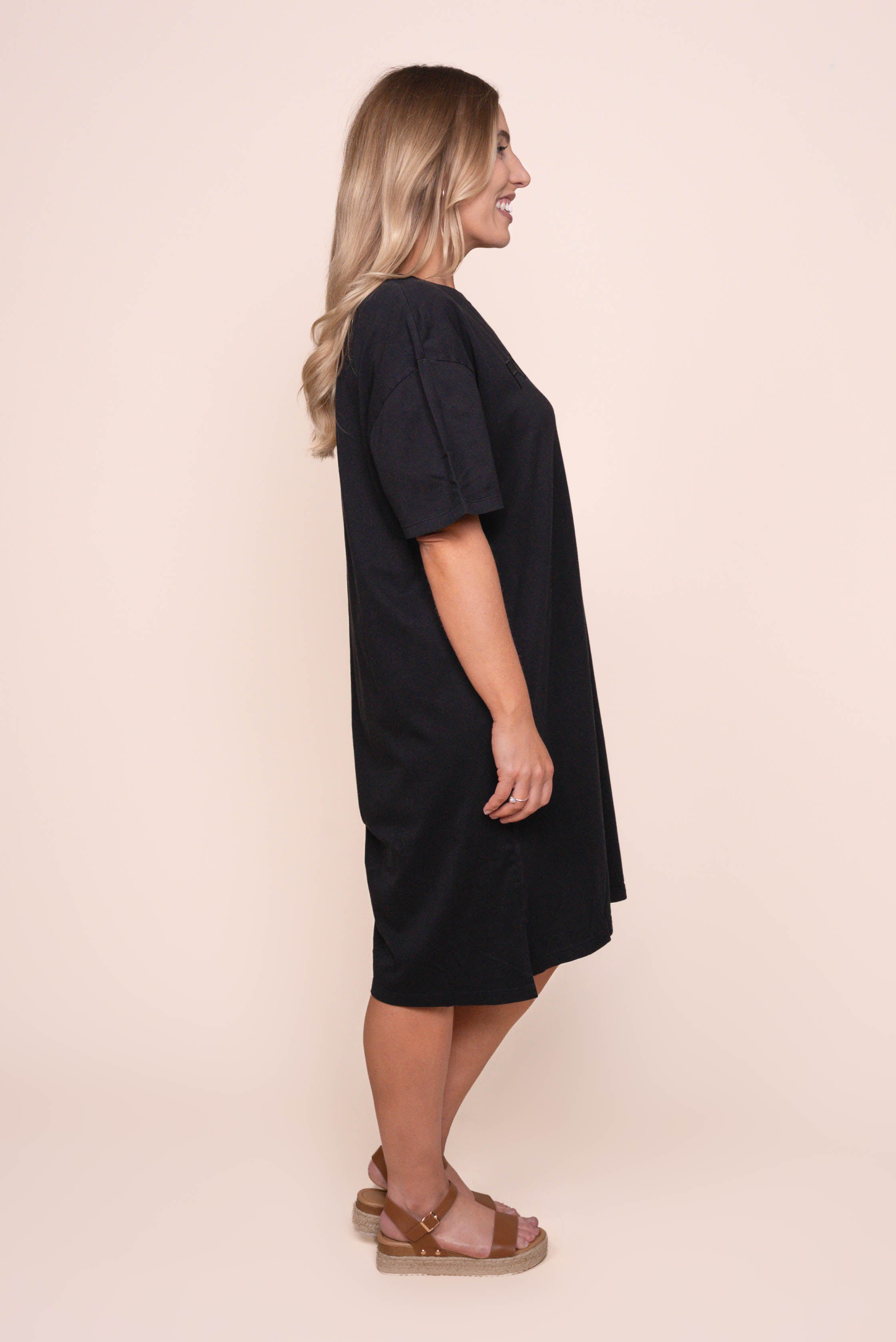 Simplified Tee Dress in Washed Black - Foxwood