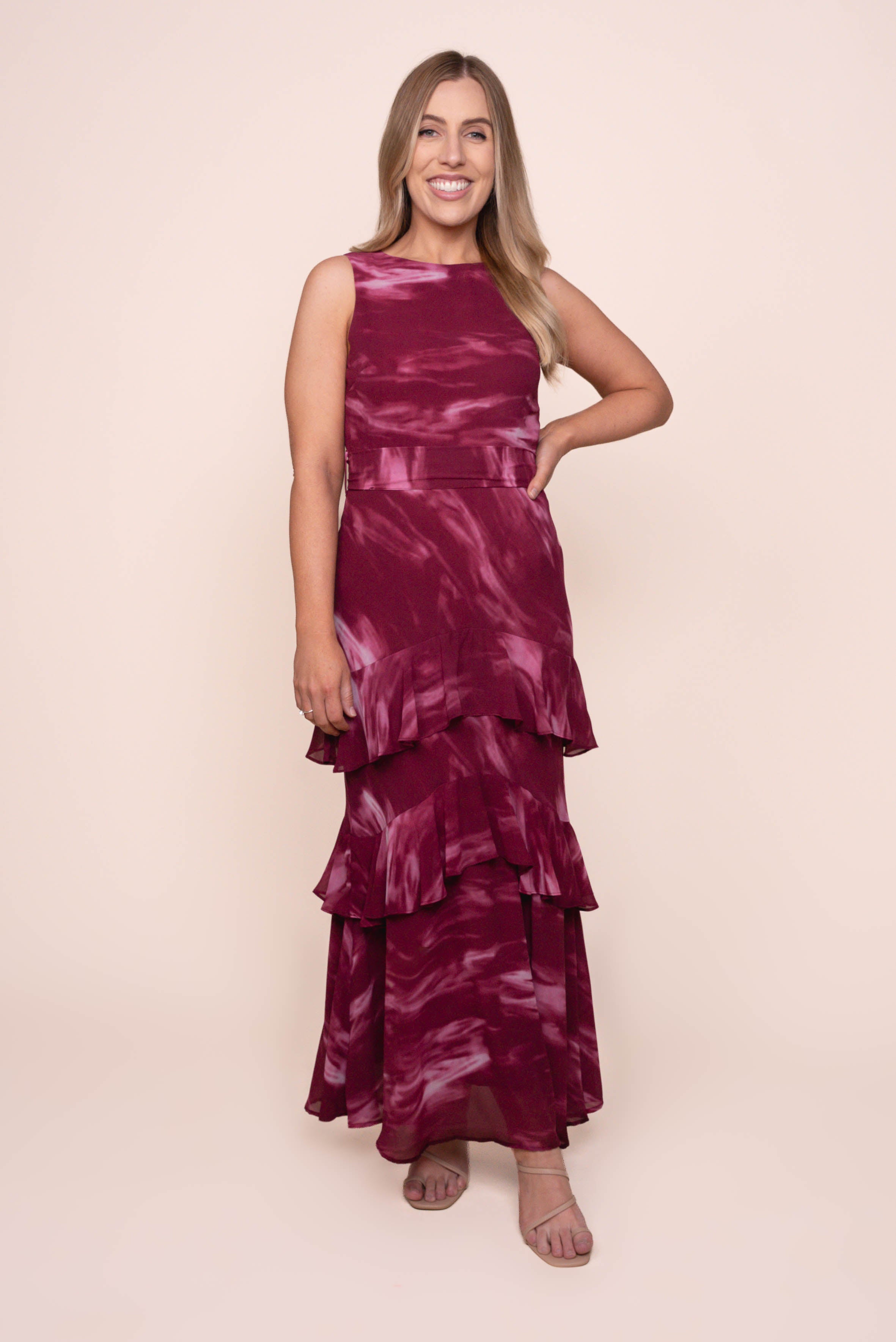 Gianna Ruffle Maxi Dress in Burgundy